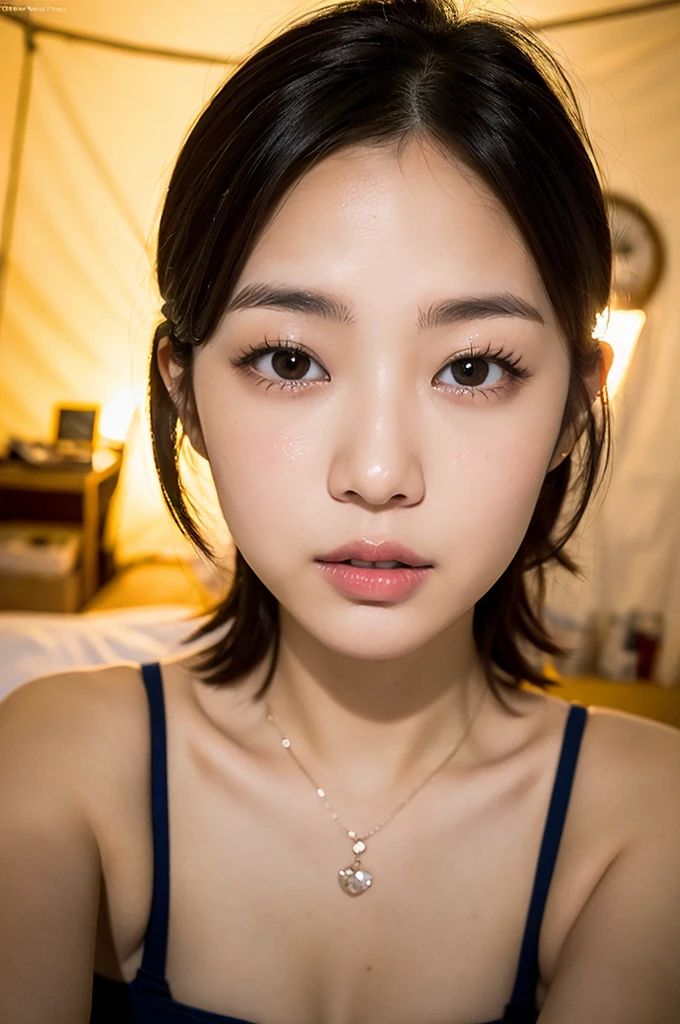 (8K、top-quality、​masterpiece:1.2)、(reallistic、Photorealsitic:1.2)（Inside a tent at a campsite）（lanthanum）（Underwear）Kiss Face,sad Facial expression,embarassed expression,Alafed Girl, chiho, iwakura lain, closeup Iwakura Lain, With short hair, Shiori Teshirogi, Kotegawa Yui, hime-cut, She is , sui ishida with black hair, lain iwakura, girl cute-fine-face, Clear pubic contours,(Small breasts), hight resolution, ighly detailed, top-quality, [​masterpiece:1.6],, ighly detailed, nffsw, finely detail, top-quality, , Cinematographic lighting, 1girl in、17 age、Cute Girls、perfect body type、, cute droopy eyes beautiful big eyes、Transcendent beauty　top-quality、​masterpiece、majicMIX Real、(Raw photography:1.2)、(Photorealsitic:1.4)、Negative Prompt