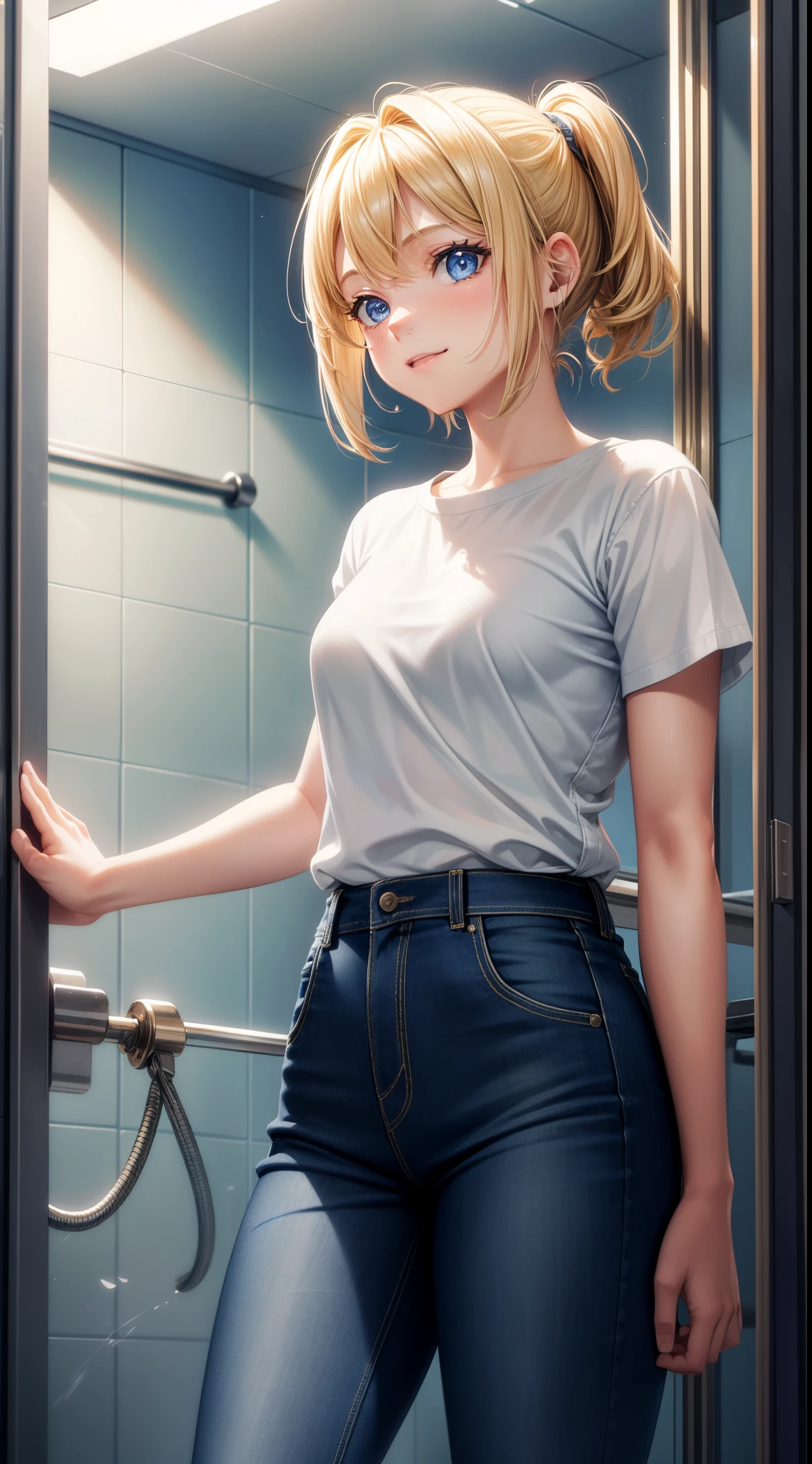 Young girls, blond with short hair, high ponytails, eBlue eyes, ssmile, Blue skinny shirt, denim pant, open shower room, Two swords, fly by rope, tmasterpiece, high high quality, 4K, k hd, Nice details