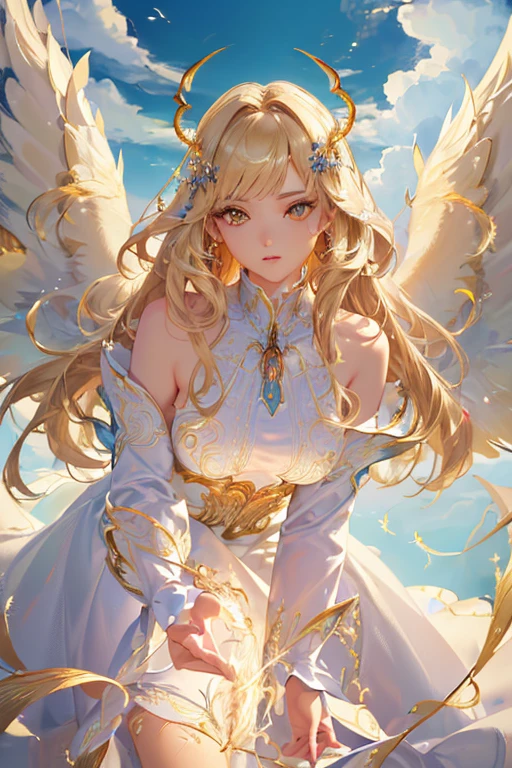 (masterpiece:1.2), best quality, (ultra-detailed:1.2), (detailed background:1.1), (beautiful detailed face:1.3), high contrast, (best illumination:1.2), (cinematic light:1.2), colorful, hyper detail, dramatic light, intricate details, (1 girl:1.1), (blond hair:1.3), (angel wings:1.2), (descending from the clouds:1.2), (dynamic angle:1.1), (flowing dress:1.2), (ethereal glow:1.2), (white feathers:1.2), (depth of field:1.1), (clouds in background:1.1), cowboy shot.