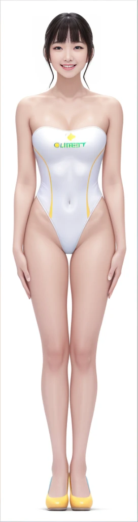 on the white background，a tall and beautiful chinese girl，with fair skin，Toothy smile，Hefty Smile，When you laugh, Your eyes are crescent-shaped，blunt bangs, long straight hair，Wear a one-piece swimsuit and pumps，Swimsuits are decorated with joyful patterns, standing straight，stand firm，hands on sides，Symmetrical distribution，Ray tracing，All shaded areas, led floodlights, forward light, 1.4x True-to-life Ultra HD