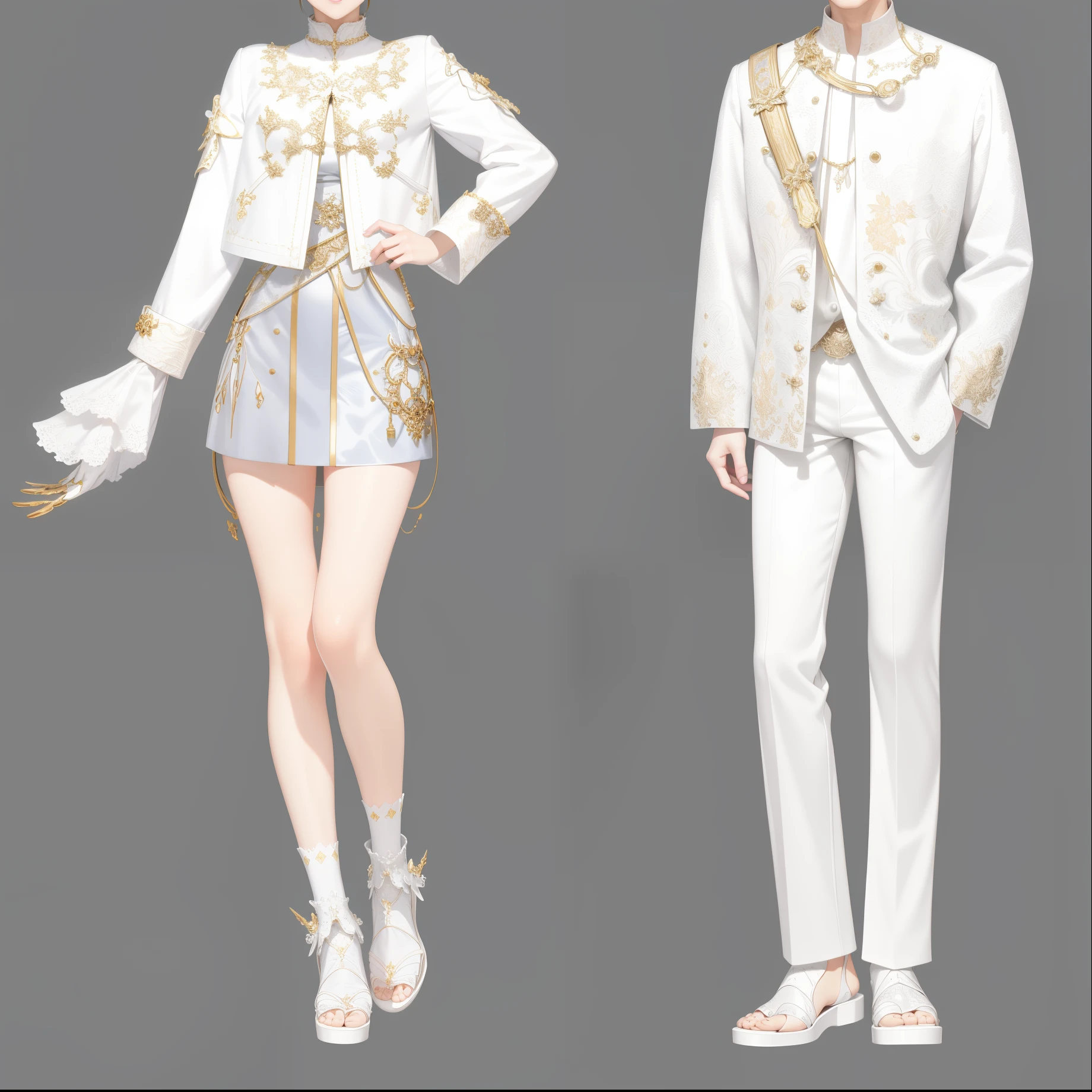 Anime style illustration of several people wearing white clothes, fashion concept art, clear outfit design, lunar themed attire, clothing design, very detailed and rich clothing, Meticulous clothes, clothing concept, Style Games Square Enix, clothes high detail, white  clothes, detailed full body concept art, White fashion clothes, fashion study, Detailed fashion illustration, casual white garment