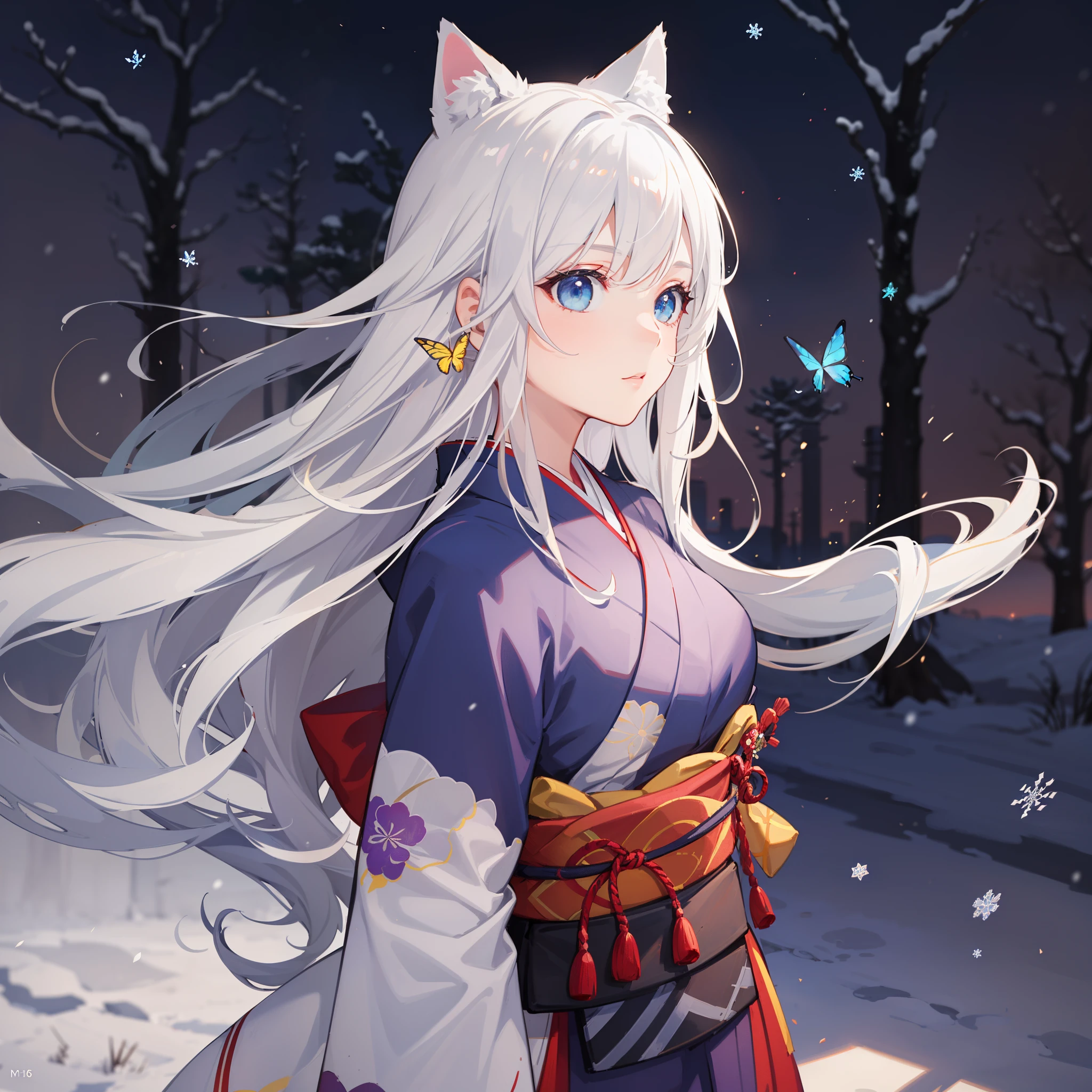 (High detailed CG unity 16k wallpaper:1.1), (noise reduction strength:1.45), (masterpiece:1.37), original, (very fine and beautiful), (perfect details), (unity CG 8k wallpaper:1.05), (beautiful crisp background:1.25), (one pretty girl (2 fox ears:0.9) with (fox tail on the back:1.2) standing by the river:1.15). (pretty type:1.3), (thin pretty eyes:1.retty face:1.3), silver hair, (pink hair:0.7), (pink ears:0.7), long hair, (Japanese kimono:1.25), (hair blowing in the wind:1.1), (blue eyes:1.1), ( girl:1. 1) fluttering butterfly, front, right hand raised hand wavinoonlight:0 .6), Tree, fluttering snow, (Winter Direction), (Night:1.2), (Gloves:0.8), Solo, (Illustration), (Depth of Field:0.7), (Close-Up :0.35), God Rays, sparks, glowing light, (Mast Piece) --auto --s2