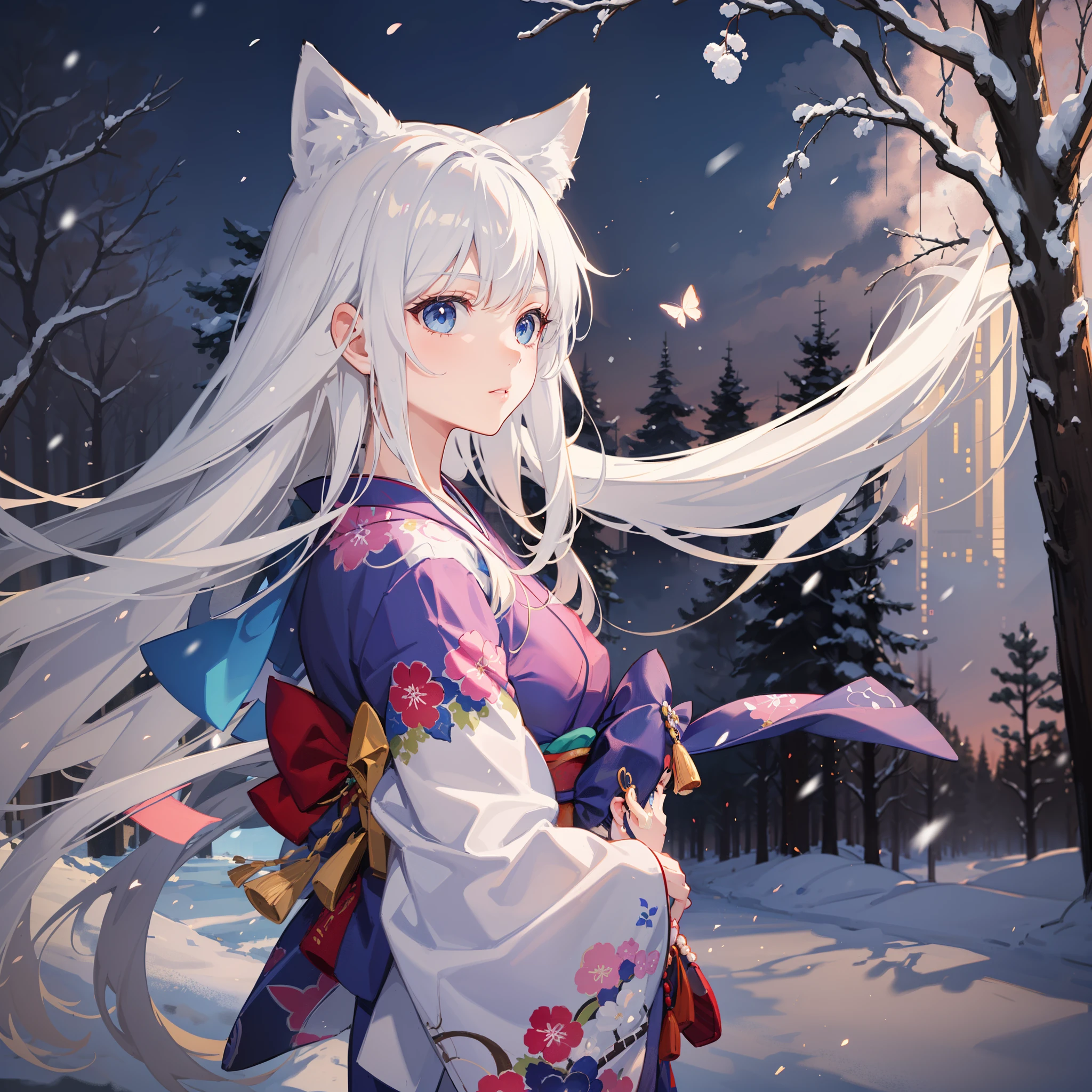 (High detailed CG unity 16k wallpaper:1.1), (noise reduction strength:1.45), (masterpiece:1.37), original, (very fine and beautiful), (perfect details), (unity CG 8k wallpaper:1.05), (beautiful crisp background:1.25), (one pretty girl (2 fox ears:0.9) with (fox tail on the back:1.2) standing by the river:1.15). (pretty type:1.3), (thin pretty eyes:1.retty face:1.3), silver hair, (pink hair:0.7), (pink ears:0.7), long hair, (Japanese kimono:1.25), (hair blowing in the wind:1.1), (blue eyes:1.1), ( girl:1. 1) fluttering butterfly, front, right hand raised hand wavinoonlight:0 .6), Tree, fluttering snow, (Winter Direction), (Night:1.2), (Gloves:0.8), Solo, (Illustration), (Depth of Field:0.7), (Close-Up :0.35), God Rays, sparks, glowing light, (Mast Piece) --auto --s2