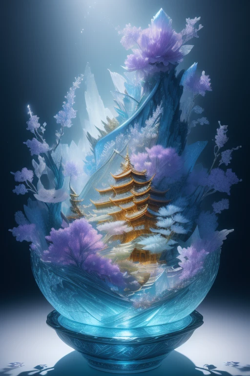 best quality, realistic, photorealistic, ultra detailed, "Mountain of Flower and Fruit,Fairy" highly detailed carving on "southern ice" porcelain,Ultra wide angle,Accent Lighting,Volumetric Lighting,backlighting, (detailed light),((an extremely delicate and beautiful)),dramatic_shadow,ray_tracing,hdr