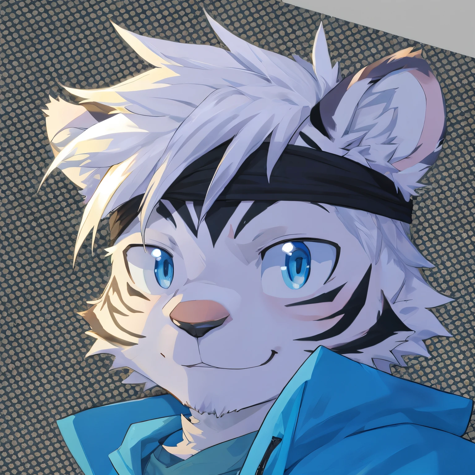 Kemono white tiger, headband, smile, blue eyes, head only, blue jacket