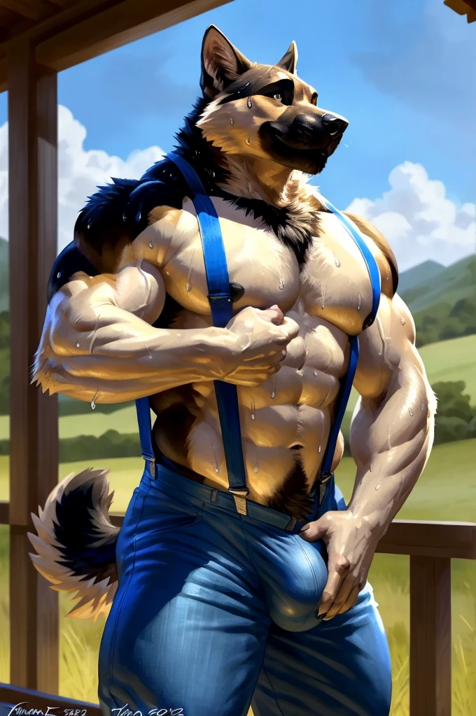 muscular anthro German shephard posing for the camera, veiny muscles, touching crotch bulge. 4k, high resolution, best quality, posted on e621, solo, anthro body, anthro husky, older male, male, black nipples, pubes, masculine, black_and_tan_body, (bulky, very muscular, thick build, pectorals:1.2), correct anatomy, (countryside background, porch, evening), (by wfa, by Taran Fiddler, by negger), (pants, suspenders:1.2), (detailed eyes:1.2), sexy, photorealistic fur, (sweat:1.5), smile, shiny muscles, strong shadows, confident, seductive, flirting, half-body shot, looking at viewer