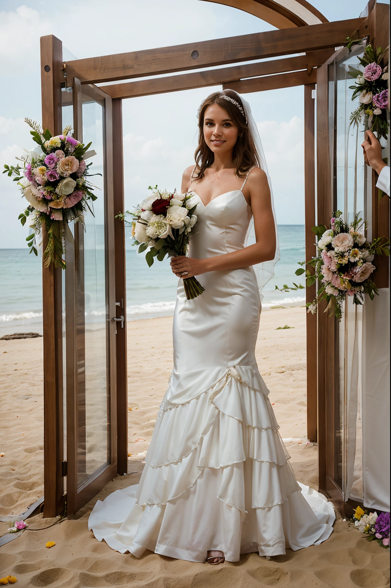 Bride and groom, bride of normal build with brown hair in a transparent mesh erotic wedding dress holds a bouquet in her hands stands with a groom with short brown hair, at a beach wedding ceremony, above them an arch of flowers, guests around, the groom is taller than the bride, full-face faces