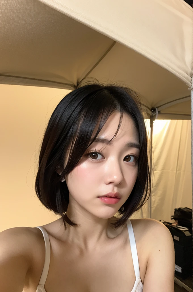 (8K、top-quality、​masterpiece:1.2)、(reallistic、Photorealsitic:1.2)（Inside the tent at Camp Sianthanum）（shiny underwear）Kiss Face,sad Facial expression,embarassed expression,Alafed Girl, chiho, iwakura lain, closeup Iwakura Lain, With short hair, Shiori Teshirogi, Kotegawa Yui, hime-cut, She is 17 years old, sui ishida with black hair, lain iwakura, girl cute-fine-face, Clear pubic contours,(Small breasts), hight resolution, ighly detailed, top-quality, [​masterpiece:1.6],, ighly detailed, nffsw, finely detail, top-quality, , Cinematographic lighting, 1girl in、17 age、perfect body type、, cute droopy eyes beautiful big eyes、Transcendent beauty　top-quality、​masterpiece、majicMIX Real、(Raw photography:1.2)、(Photorealsitic:1.4)、Negative Prompt