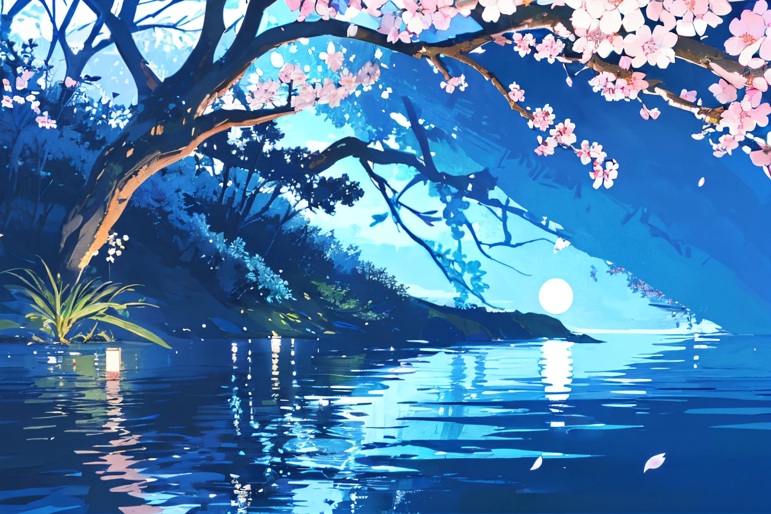 the night，Light blue cherry blossom tree，light blue tree，Full moon，waterface，trees growing on water，inverted image，There is no land