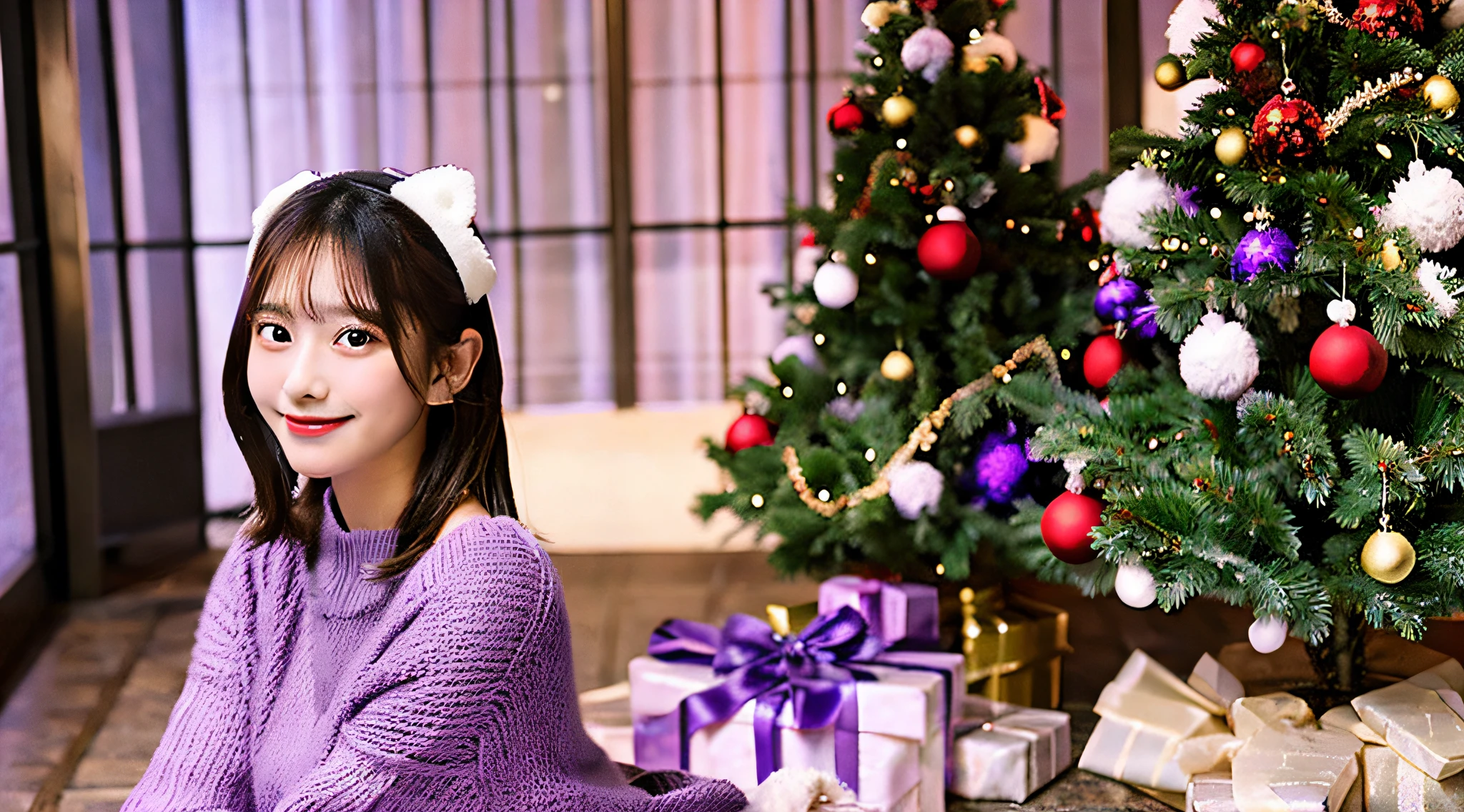 Cute OL, 18 years old, wearing a purple miniskirt、Christmas tree on background