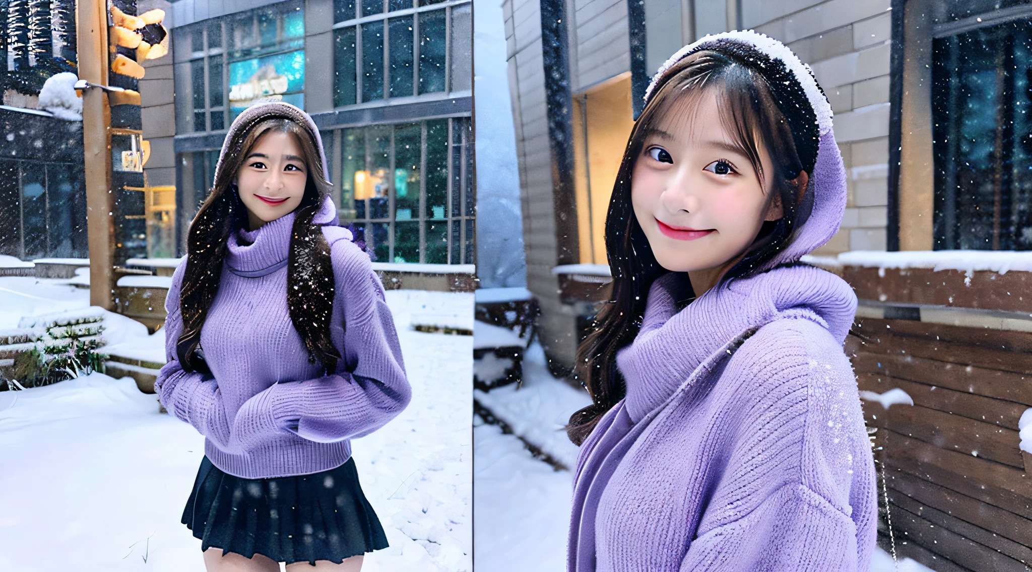 Cute College Girl, 18 years old, wearing a purple miniskirt、tome&#39;It's snowing outside