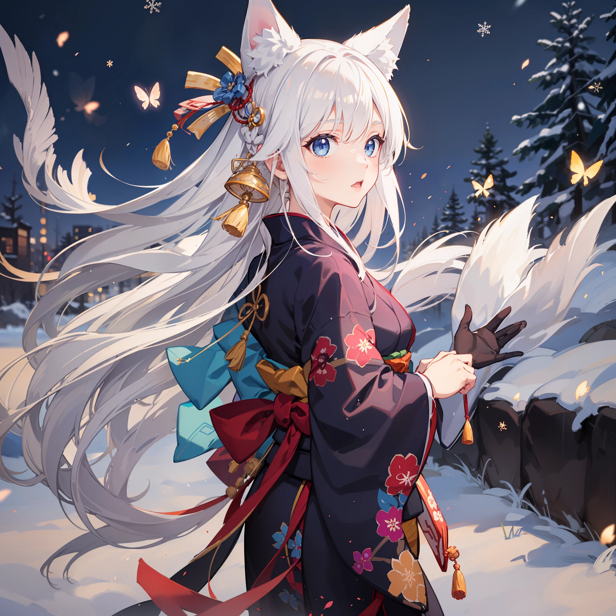 (High detailed CG unity 16k wallpaper:1.1), (noise reduction strength:1.45), (masterpiece:1.37), original, (very fine and beautiful), (perfect details), (unity CG 8k wallpaper:1.05), (beautiful crisp background:1.25), (one pretty girl (2 fox ears:0.9) with (fox tail on the back:1.2) standing by the river:1.15). (pretty type:1.3), (thin pretty eyes:1.retty face:1.3), silver hair, (pink hair:0.7), (pink ears:0.7), long hair, (Japanese kimono:1.25), (hair blowing in the wind:1.1), (blue eyes:1.1), ( girl:1. 1) fluttering butterfly, front, right hand raised hand wavinoonlight:0 .6), Tree, fluttering snow, (Winter Direction), (Night:1.2), (Gloves:0.8), Solo, (Illustration), (Depth of Field:0.7), (Close-Up :0.35), God Rays, sparks, glowing light, (Mast Piece) --auto --s2