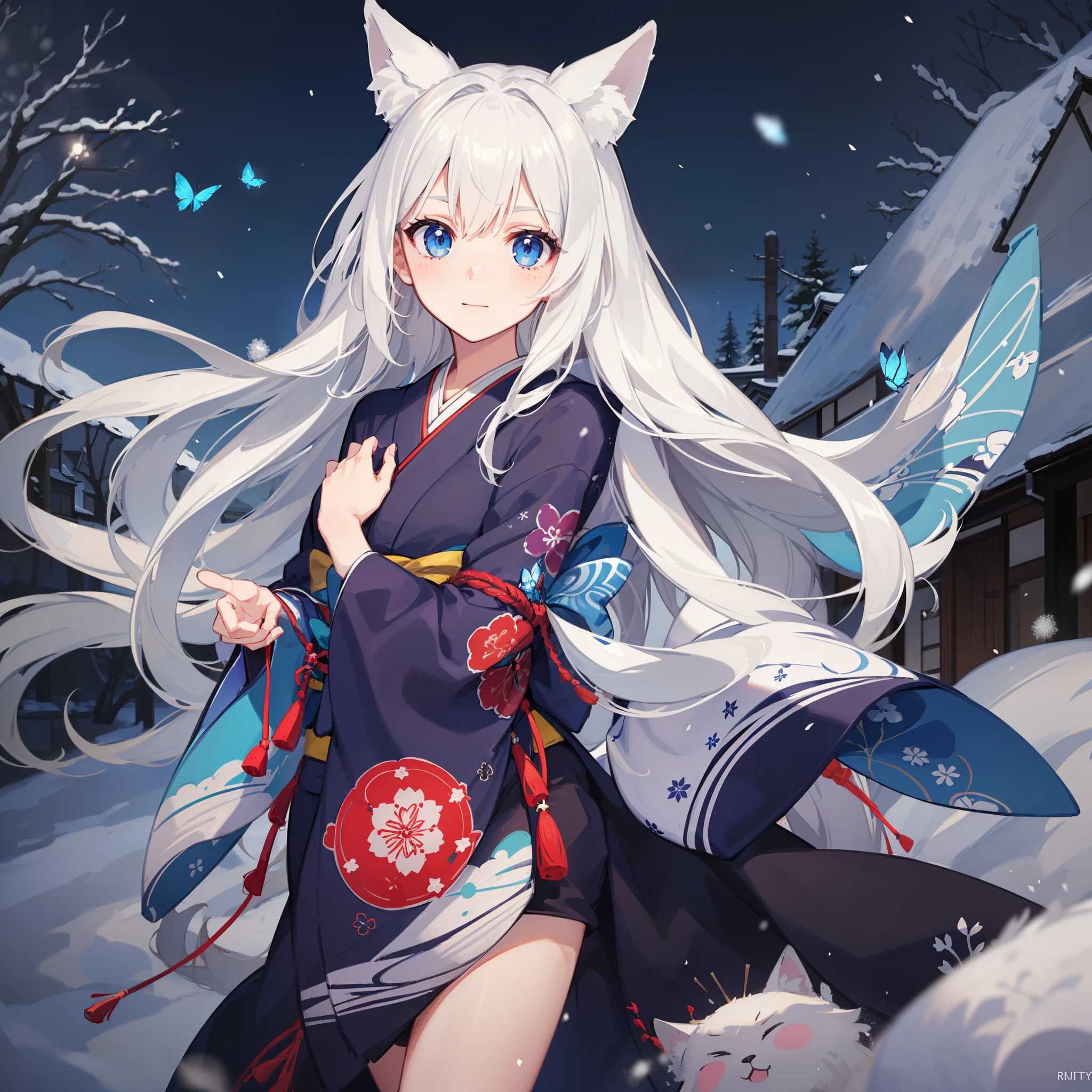 (High detailed CG unity 16k wallpaper:1.1), (noise reduction strength:1.45), (masterpiece:1.37), original, (very fine and beautiful), (perfect details), (unity CG 8k wallpaper:1.05), (beautiful crisp background:1.25), (one pretty girl (2 fox ears:0.9) with (fox tail on the back:1.2) standing by the river:1.15). (pretty type:1.3), (thin pretty eyes:1.retty face:1.3), silver hair, (pink hair:0.7), (pink ears:0.7), long hair, (Japanese kimono:1.25), (hair blowing in the wind:1.1), (blue eyes:1.1), ( girl:1. 1) fluttering butterfly, front, right hand raised hand wavinoonlight:0 .6), Tree, fluttering snow, (Winter Direction), (Night:1.2), (Gloves:0.8), Solo, (Illustration), (Depth of Field:0.7), (Close-Up :0.35), God Rays, sparks, glowing light, (Mast Piece) --auto --s2