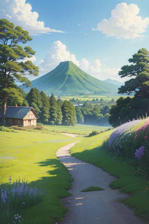 Realistic, Real, Beautiful and stunning landscape oil painting Studio Ghibli Hayao Miyazaki Petals Meadow Blue Sky Meadow Country Road,building, --V6