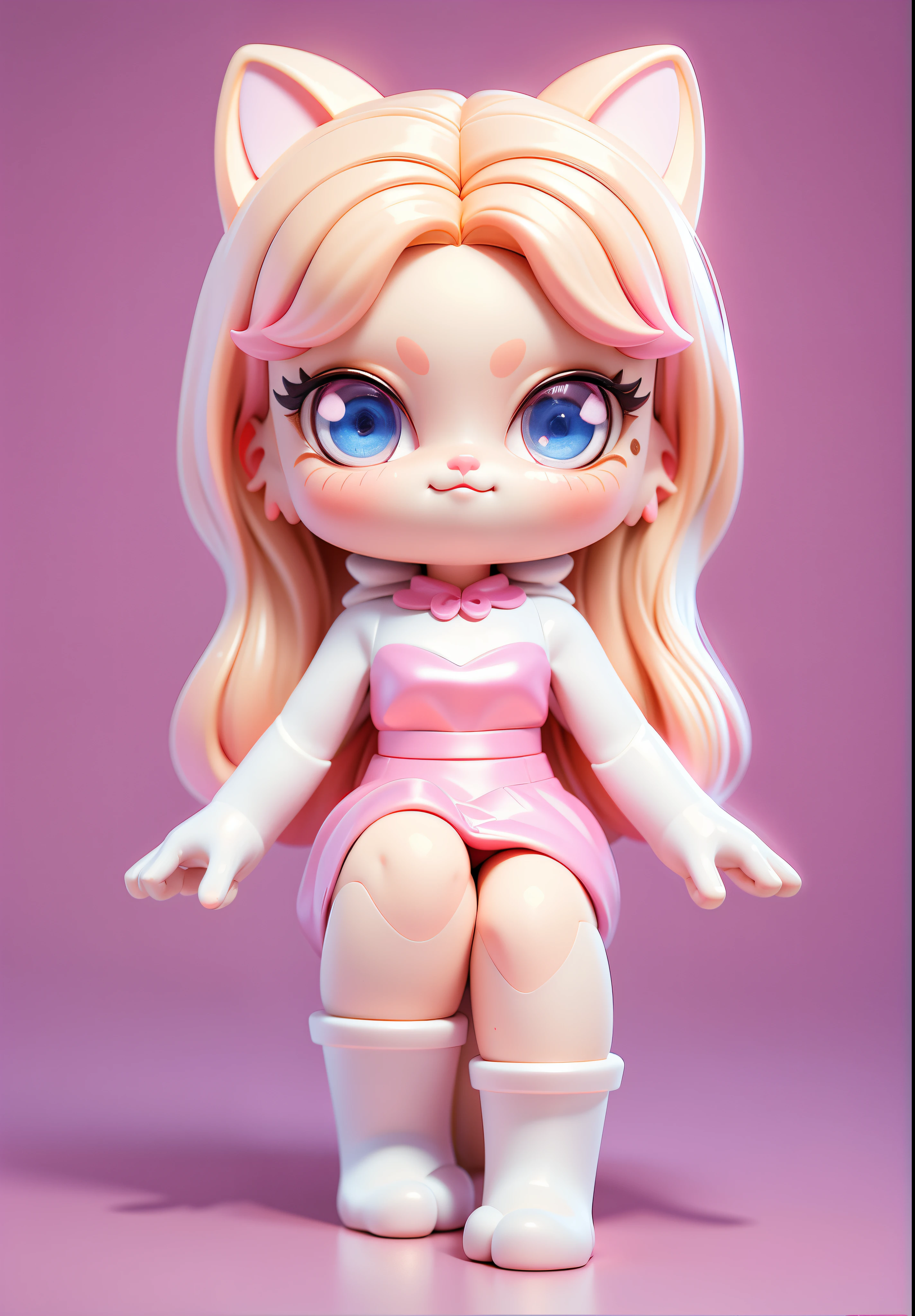 (tmasterpiece:1,2, cat-like mouth, pink back ground), Best quality at best, tmasterpiece, Original, The is very detailed, perfect litthing,(extremely detremely detailed CG:1.2), 8K, 3D style,animemanga girl, pinkskirt, ((Blonde hair)),eBlue eyes, Very beautiful and cute Catwoman, adorable digital art ,tchibi,3Drenderingof, c4d, Blander, octaneratingrendering, popular toys, a blind box toy, Disney style