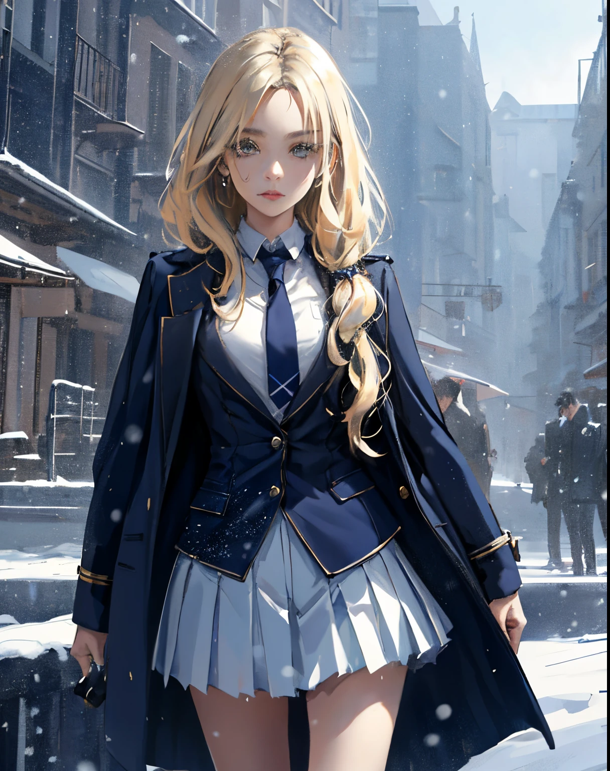 pokimane, a woman wearing winter coat in the snowIn her Swiss Elite Private School uniform, Isabella exudes an air of rebellious elegance. The uniform, which fits her perfectly, accentuates her supermodel-like figure. The white blouse is crisp and neatly tucked into her pleated navy blue skirt, worn daringly shorter than the standard length, hinting at her bold personality. The tie, knotted to perfection, adds a touch of sophistication to her attire. Her polished, high-quality leather shoes subtly reflect her affluent background. She personalizes her uniform with a vintage silver locket, a family heirloom, worn around her neck. This small act of defiance showcases her individuality amidst the uniformity. Her blonde hair is usually left loose, its wavy locks cascading around her shoulders, enhancing her youthful charm. Her school blazer is often casually draped over her arm, adding a touch of nonchalance to her otherwise formal attire. Despite the constraints of the uniform, Isabella injects it with her unique personality, transforming it into a fashion statement that sets her apart from her peers.