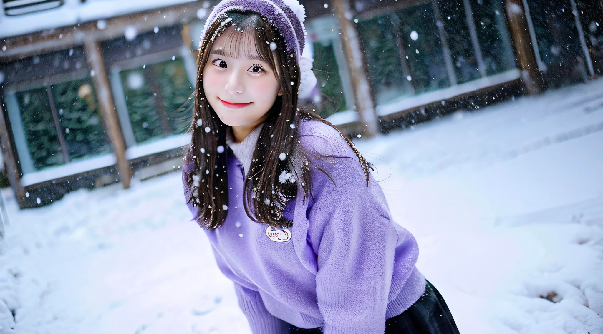 Cute College Girl, 18 years old, wearing a purple miniskirt、tome'It's snowing outside