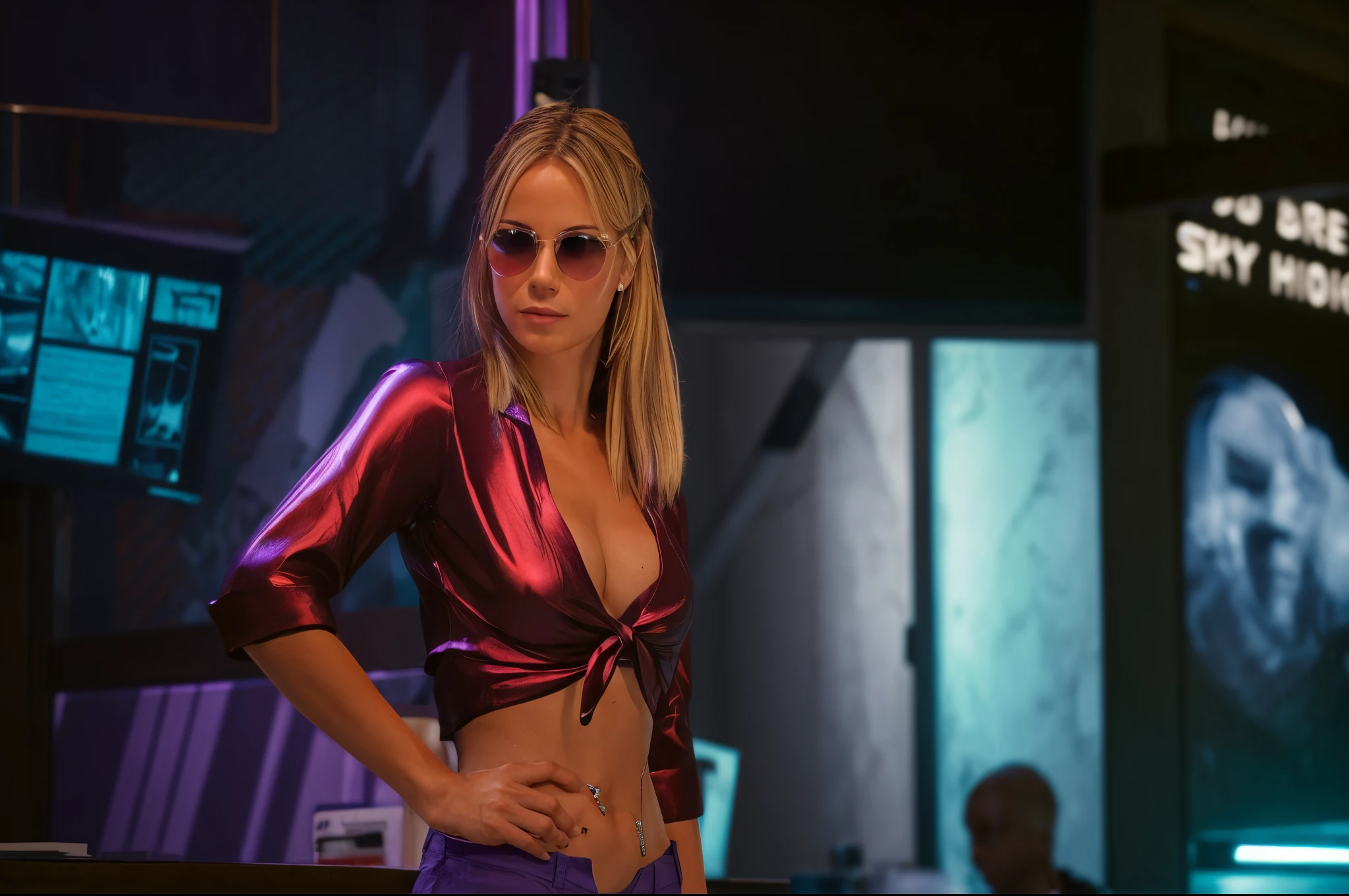 Blonde girl,purple sunglass,navel
