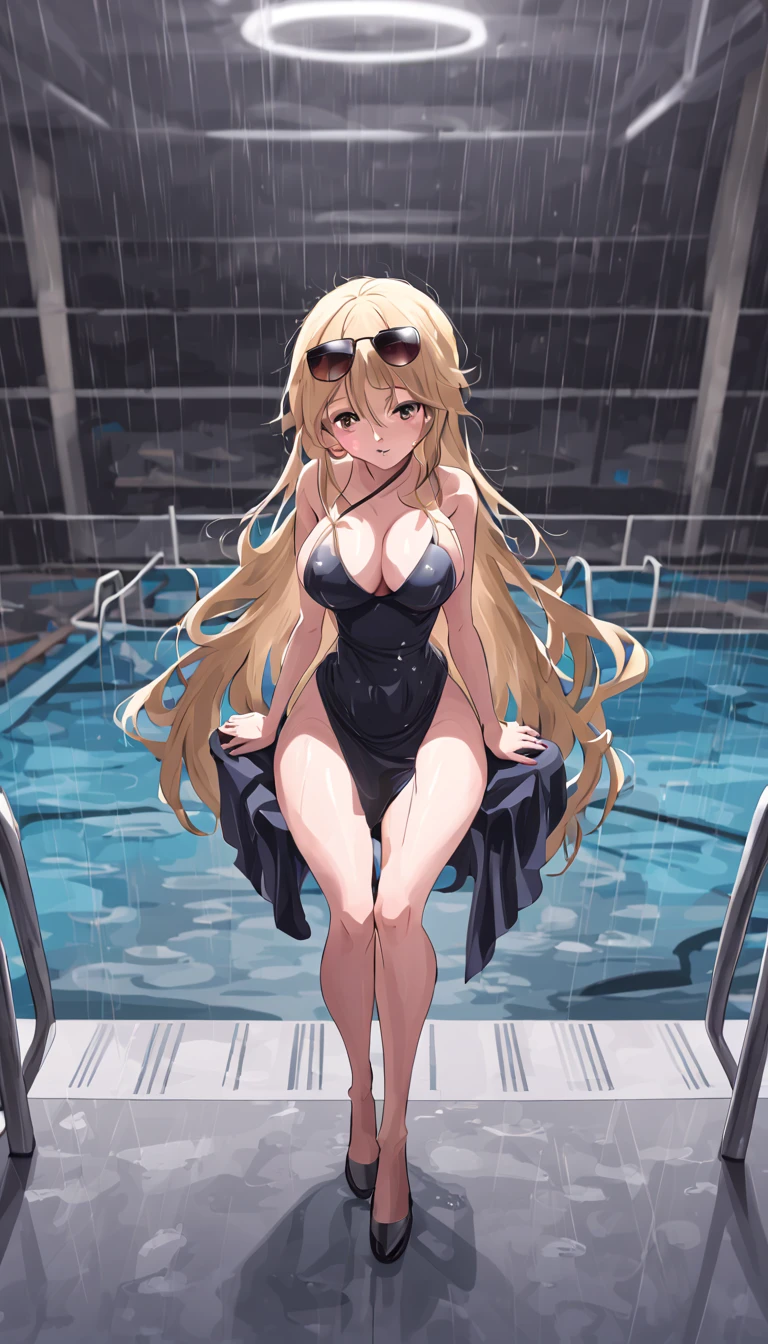 standing straight symmetrical, full body, (Best quality, 4k, Masterpiece :1.3), beautiful woman, hyper realistic, 1girl, (droopy breasts, attractive body :1.2), sit-ups :1.1, LONG BLONDE hair: 1.1, (wet rainy, wet by rain, wet body :1.2), ultra-detailed face, detailed lips, detailed eyes, double eyelid, low-necked dress, open neckline, hanging breasts, side pose, visible curves, pool party, poolside, silver transparent mantle,sunglasses, muscular MILF