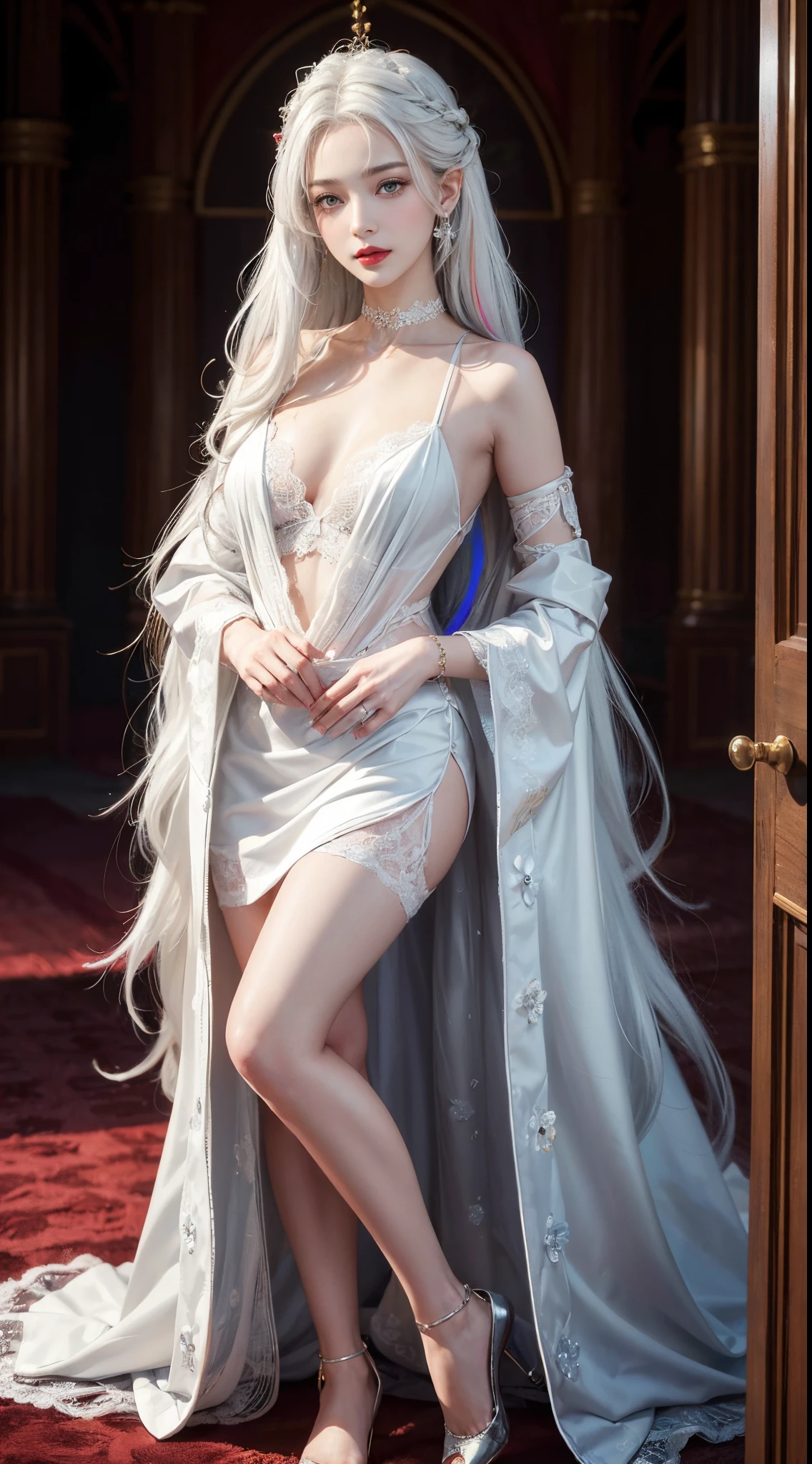 (((colorfulhair, [White hair]))), Hyper-realistic 8k CG, picture-perfect face, flawless perfection, Clean, tmasterpiece, professionalartwork, famousartwork, 电影灯光, cinematicbloom, is a perfect face,(young:1.2),((20yr old)), Nice face, pretty eyes, (((Perfect female body, Willow waist))), Young princess, Royal, sankta, welcoming, sankta, (royal palace), Fantastical, like a dream, Not real, scientific fiction, (ordinary:1.2), Beautiful outfit, Lace, Lace edges, lace trimmed pantyhose, NSFW,, Ridiculously long hair, Very long hair, (Rich:1.4), choker necklace, ear nipple ring, bangle, armlets, view the viewer,(virgin:1), (Hands have up to five fingers), (Redlip)