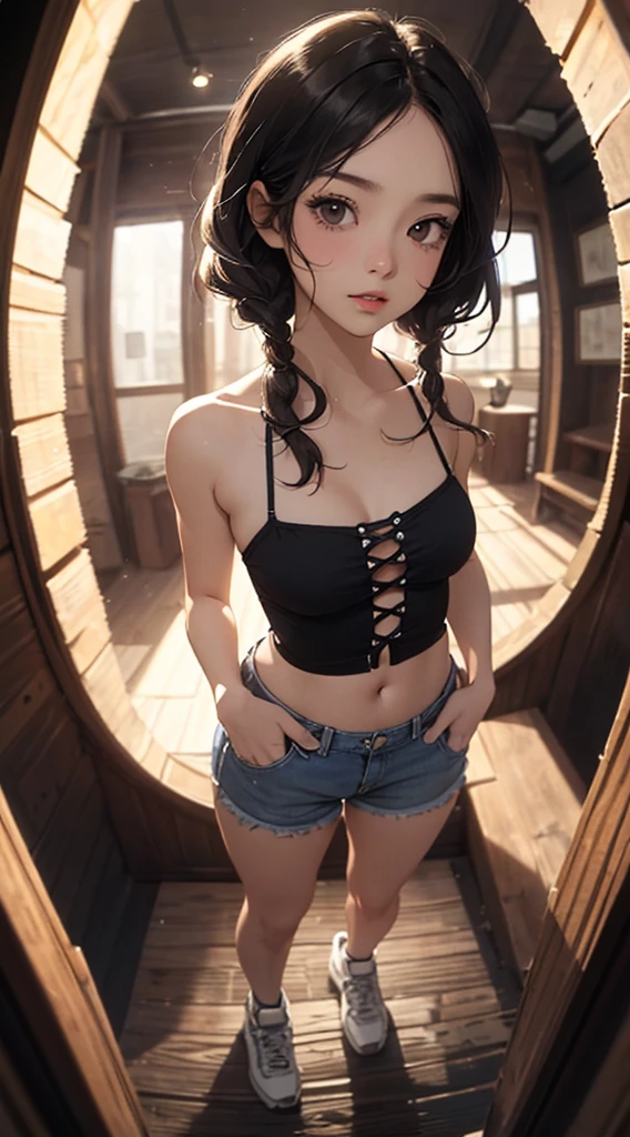 a woman in anime styled outfit sitting on a chair chair with legs out and legs crossed, 1girl, solo, shorts, jacket, sitting, red shorts, black hair, shirt, looking at viewer, short hair, indoors, white shirt, wooden floor, open clothes, open jacket