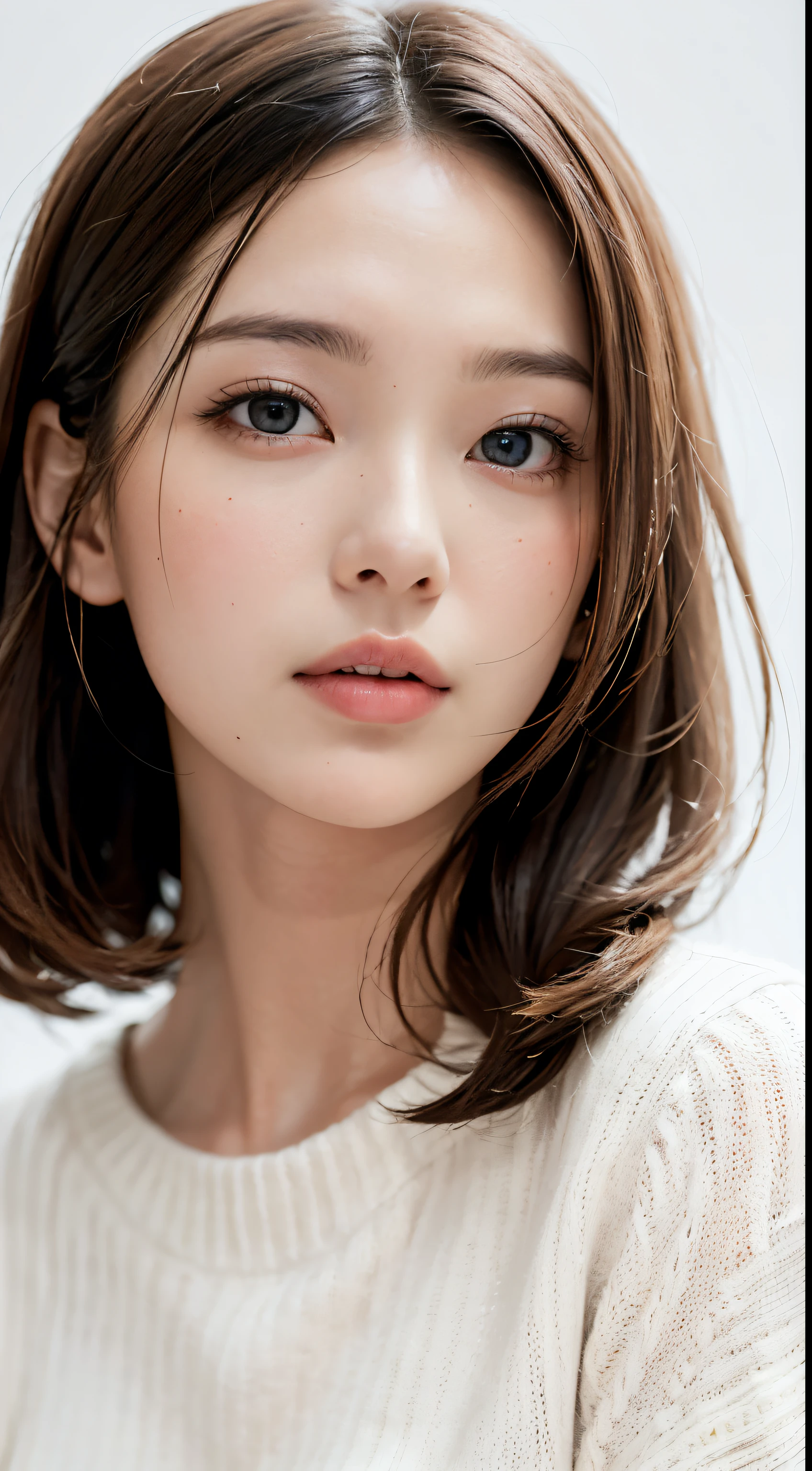 (masutepiece, Best Quality,:1.2), 1girl in, (Solo:1.3), Upper body, Nice white sweater, , (waifu, Realistic, Real life, exceptional, Best aesthetic, new, newest, Best Quality, masutepiece:1.2), Soft_Lighting, Soft_skin_Tone, Feminine_hair, (White background, Background,:1.2),