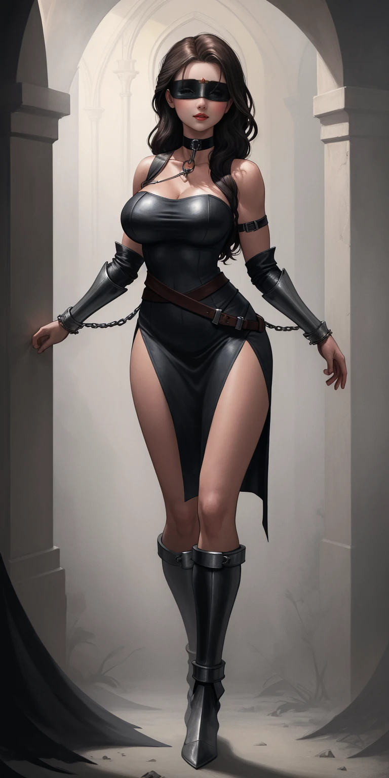 (Masterpiece), full body of a cleric female, big breast, detailed face, , full portrait, standing straight, shackles on arms and legs, black chocker on neck, SFW, blindfolded