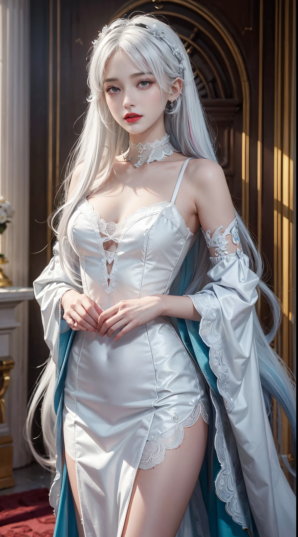 (((colorfulhair, [White hair]))), Hyper-realistic 8k CG, picture-perfect face, flawless perfection, Clean, tmasterpiece, professionalartwork, famousartwork, 电影灯光, cinematicbloom, is a perfect face,(young:1.2),((20yr old)), Nice face, pretty eyes, (((Perfect female body, Willow waist))), Young princess, Royal, sankta, welcoming, sankta, (royal palace), Fantastical, like a dream, Not real, scientific fiction, (ordinary:1.2), Beautiful outfit, Lace, Lace edges, lace trimmed pantyhose, NSFW,, Ridiculously long hair, Very long hair, (Rich:1.4), choker necklace, ear nipple ring, bangle, armlets, view the viewer,(virgin:1), (Hands have up to five fingers), (Redlip)
