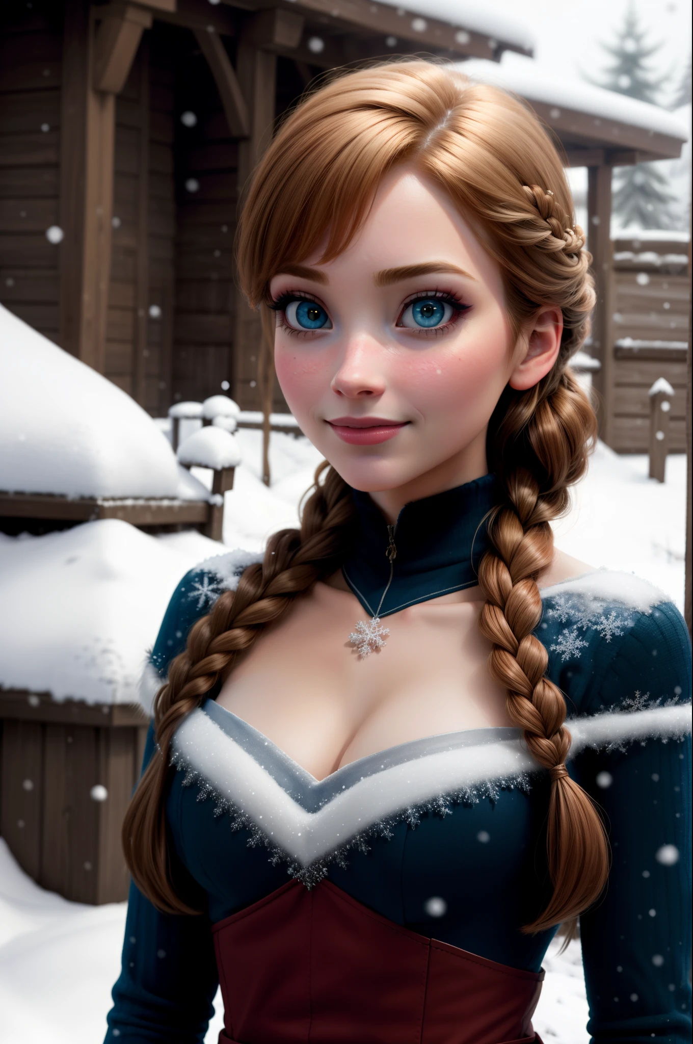 woman, ((Masterpiece, best quality)), detailed skin, highly detailed, cinematic lighting, ultra realistic, blush, looking at viewer, anna, anna from frozen, princess, disney, brown hair, long hair, portrait, outdoor, snow, half body photo