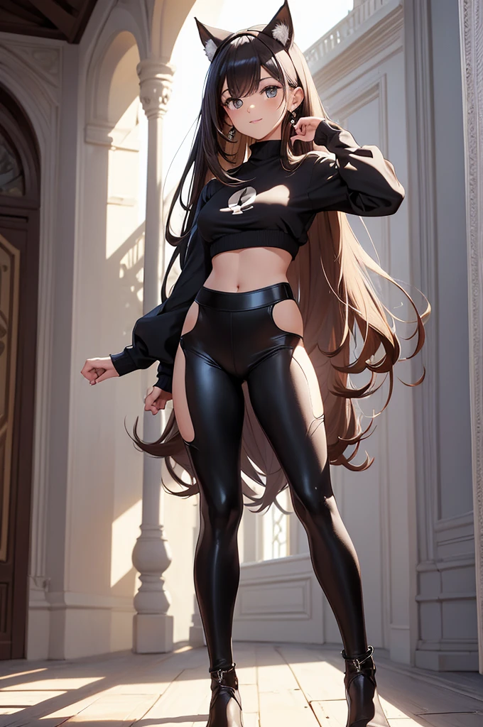 beautiful young female warrior fighter with cat ears on her head, com rosto bem detalhado e bonito, belos olhos, belos olhos, rosto lindo, beautiful young woman wearing long brown leggings with black details, sueter apertado branco, standing in a castle, usando bota preta, cabelo comprido com franja preto, ,orelhas de gato, belo sorriso, tomboy, um pouco musculosa,suter branco com cinta em volta, olhar serio,usando brazer apertado preto, com ombreiras de prata nos ombros