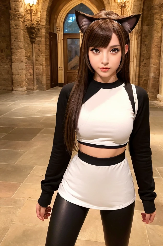 beautiful young female warrior fighter with cat ears on her head, com rosto bem detalhado e bonito, belos olhos, belos olhos, rosto lindo, beautiful young woman wearing long brown leggings with black details, sueter apertado branco, standing in a castle, usando bota preta, cabelo comprido com franja preto, ,orelhas de gato, belo sorriso, tomboy, um pouco musculosa,suter branco com cinta em volta, olhar serio,usando brazer apertado preto, com ombreiras de prata nos ombros