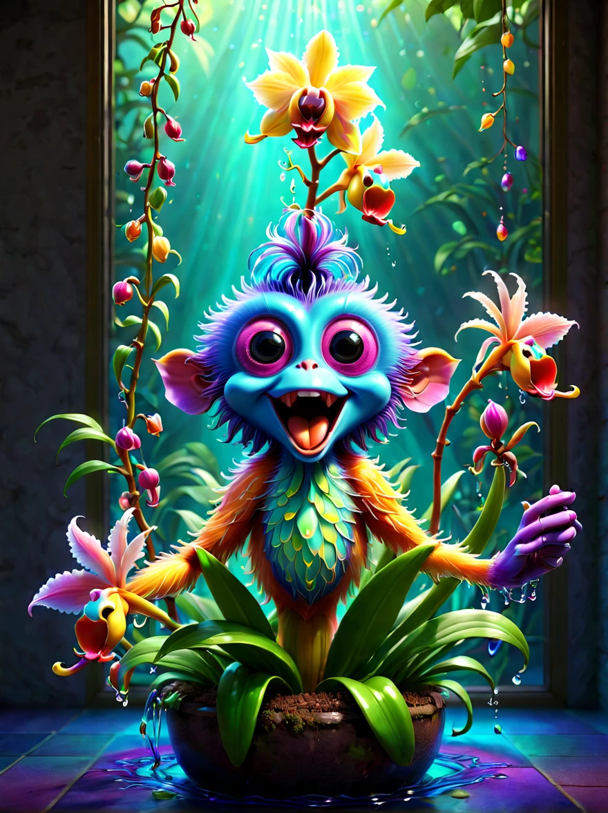 stained glass style，(a magical plant，Colorful rainbow monkey face orchid)，Mouth full of nectar, Cute 3d rendering, Plants covered in liquid, Rendered in Cinema 4D Octane, blender art, Cinema 4D color rendering, Very detailed happy photos, Render in Cinema4D, 4D cinema rendering, Colorful octane rendering, 3d illustrations, 3d illustrations, stylized as a 3d render . A vibrant, The beautiful, semi transparent, iintricate, Detailed pubic hair