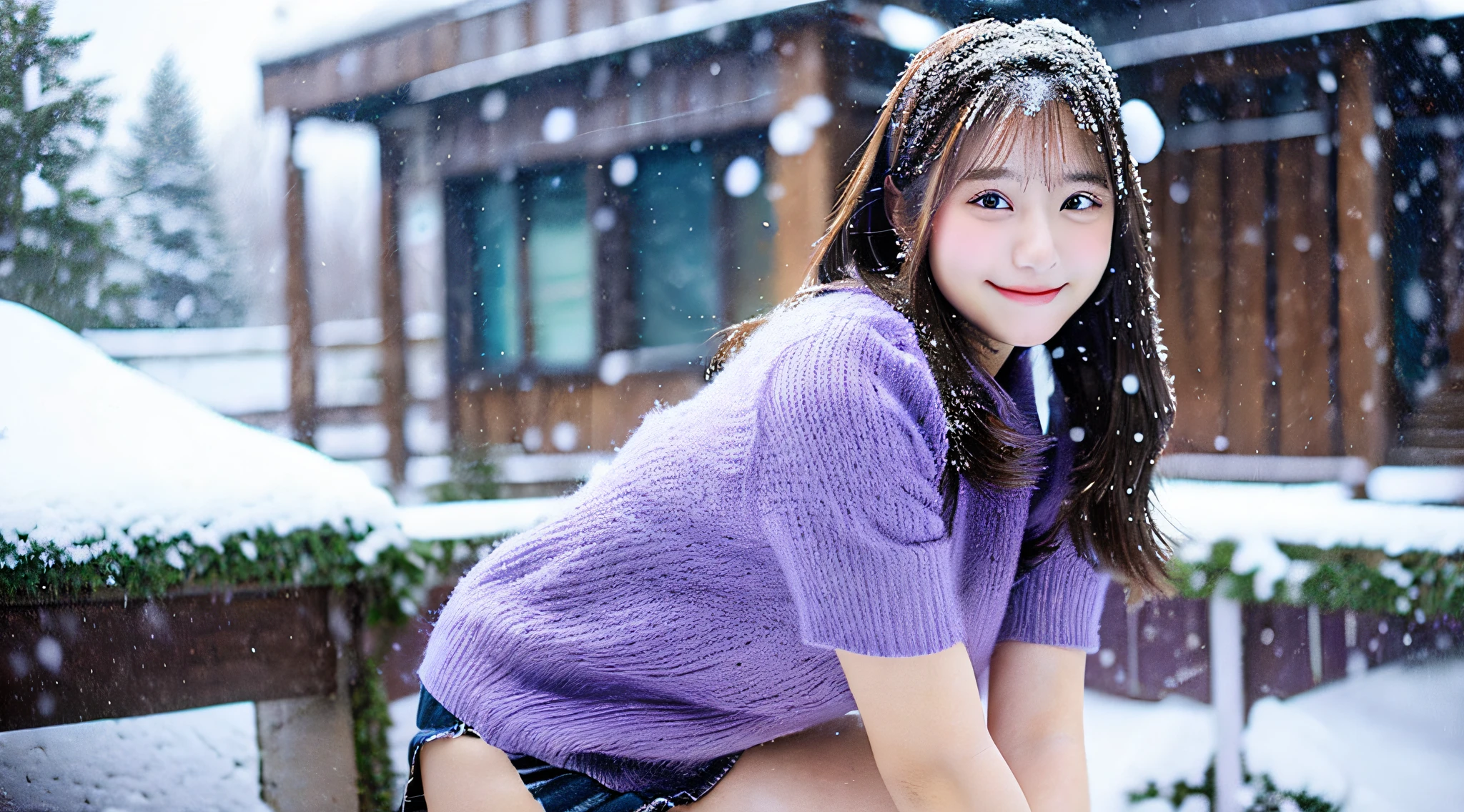 Cute College Girl, 18 years old, wearing a purple miniskirt、tome'It's snowing outside