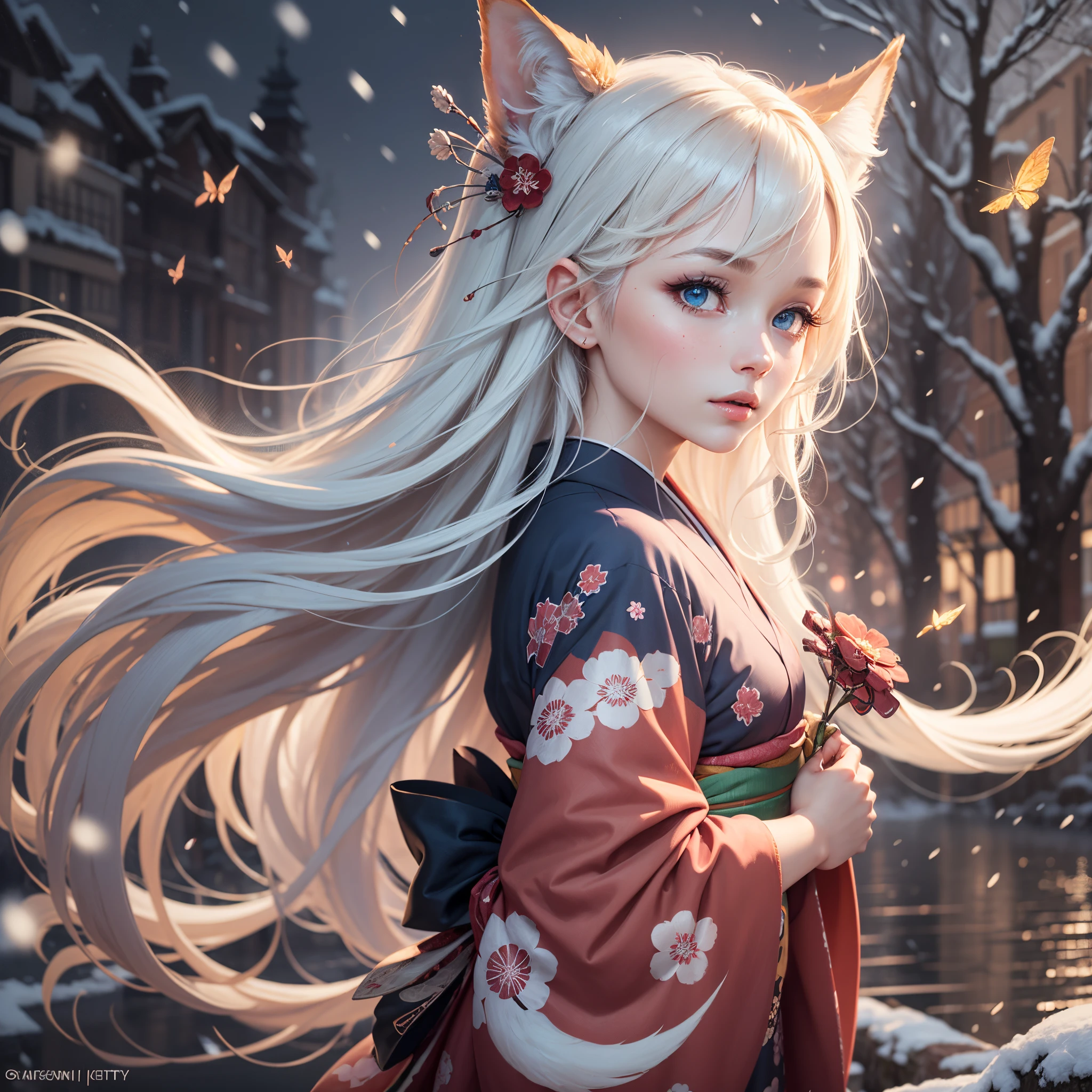 (High detailed CG unity 16k wallpaper:1.1), (noise reduction strength:1.45), (masterpiece:1.37), original, (very fine and beautiful), (perfect details), (unity CG 8k wallpaper:1.05), (beautiful crisp background:1.25), (one pretty girl (2 fox ears:0.9) with (fox tail on the back:1.2) standing by the river:1.15). (pretty type:1.3), (thin pretty eyes:1.retty face:1.3), silver hair, (pink hair:0.7), (pink ears:0.7), long hair, (Japanese kimono:1.25), (hair blowing in the wind:1.1), (blue eyes:1.1), ( girl:1. 1) fluttering butterfly, front, right hand raised hand wavinoonlight:0 .6), Tree, fluttering snow, (Winter Direction), (Night:1.2), (Gloves:0.8), Solo, (Illustration), (Depth of Field:0.7), (Close-Up :0.35), God Rays, sparks, glowing light, (Mast Piece) --auto --s2