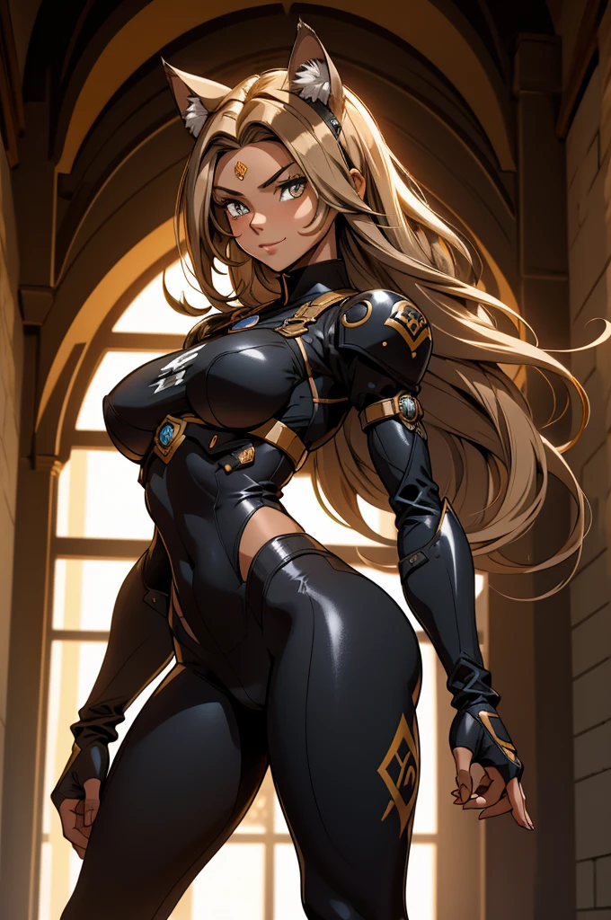 beautiful young female warrior fighter with cat ears on her head, com rosto bem detalhado e bonito, belos olhos, belos olhos, rosto lindo, beautiful young woman wearing long brown leggings with black details, sueter apertado branco, standing in a castle, usando bota preta, cabelo comprido com franja preto, ,orelhas de gato, belo sorriso, tomboy, um pouco musculosa,suter branco com cinta em volta, olhar serio,usando brazer apertado preto, com ombreiras de prata nos ombros
