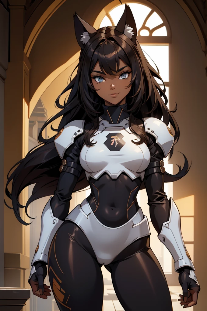 1girl, solo, breasts, dark_skin, dark-skinned_female, straight_hair, black_hair, shiny, shiny_hair, lips, parted_lips, brown_eyes, huge_breasts, huge butt, eyelashes, big_lips, lipstick, very_long_hair, mole, mole on chest, very dark-skinned female, chubby female, chubby girl, highly detailed, clear focus, shitu-mecha, mecha suit, anposeime style, mecha musume, full mecha suit, smile, mechanical armor, mecha armor garage background, full body, robot armor, full iron armor, full armor, cute