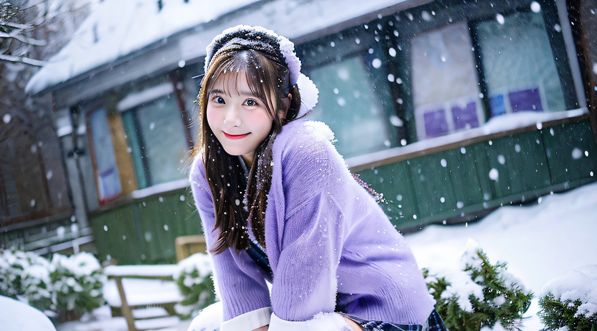 Cute College Girl, 18 years old, wearing a purple miniskirt、tome&#39;It's snowing outside