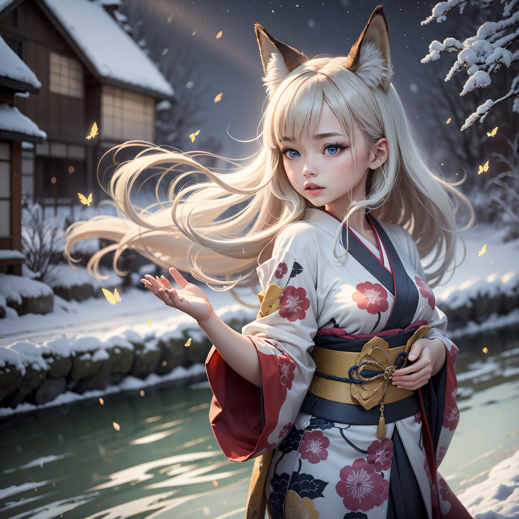 (High detailed CG unity 16k wallpaper:1.1), (noise reduction strength:1.45), (masterpiece:1.37), original, (very fine and beautiful), (perfect details), (unity CG 8k wallpaper:1.05), (beautiful crisp background:1.25), (one pretty girl (2 fox ears:0.9) with (fox tail on the back:1.2) standing by the river:1.15). (pretty type:1.3), (thin pretty eyes:1.retty face:1.3), silver hair, (pink hair:0.7), (pink ears:0.7), long hair, (Japanese kimono:1.25), (hair blowing in the wind:1.1), (blue eyes:1.1), ( girl:1. 1) fluttering butterfly, front, right hand raised hand wavinoonlight:0 .6), Tree, fluttering snow, (Winter Direction), (Night:1.2), (Gloves:0.8), Solo, (Illustration), (Depth of Field:0.7), (Close-Up :0.35), God Rays, sparks, glowing light, (Mast Piece) --auto --s2