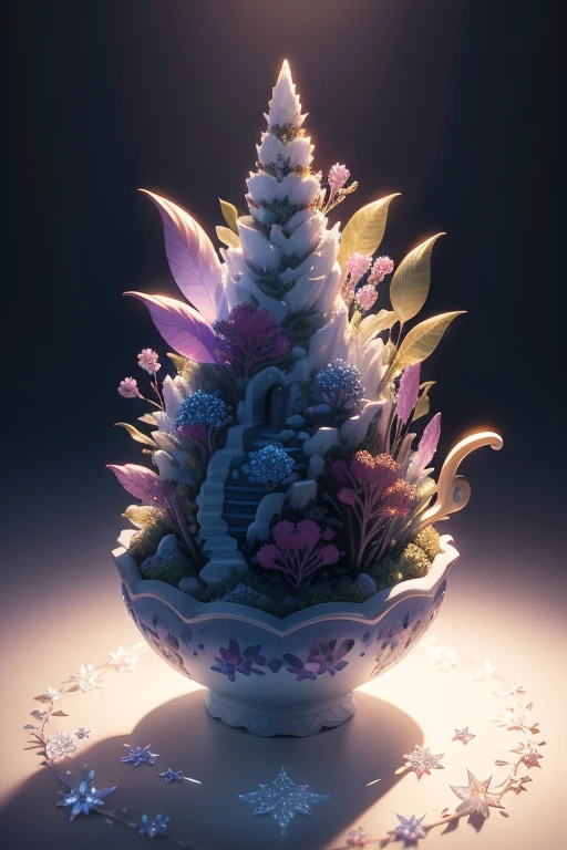 best quality, realistic, photorealistic, ultra detailed, "Mountain of Flower and Fruit,Fairy" highly detailed carving on "southern ice" porcelain,Ultra wide angle,Accent Lighting,Volumetric Lighting,backlighting, (detailed light),((an extremely delicate and beautiful)),dramatic_shadow,ray_tracing,hdr