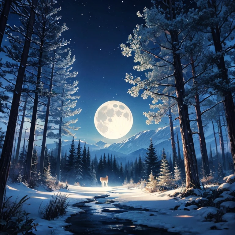 forest at night。The moon is out。There are wolves。