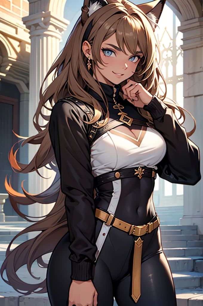beautiful young female warrior fighter with cat ears on her head, com rosto bem detalhado e bonito, belos olhos, belos olhos, rosto lindo, beautiful young woman wearing long brown leggings with black details, sueter apertado branco, standing in a castle, usando bota preta, cabelo comprido com franja preto, ,orelhas de gato, belo sorriso, tomboy, um pouco musculosa,suter branco com cinta em volta, olhar serio,usando brazer apertado preto, com ombreiras de prata nos ombros