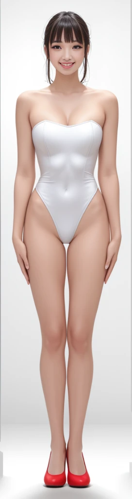 on the white background,a tall and beautiful chinese girl,with fair skin,Toothy smile,Hefty Smile,When you laugh, Your eyes are crescent-shaped,blunt bangs, long straight hair,Wear a one-piece swimsuit and pumps,Swimsuits are decorated with joyful patterns, standing straight,stand firm,hands on sides,Symmetrical distribution,Ray tracing,All shaded areas, led floodlights, forward light, 1.4x True-to-life Ultra HD