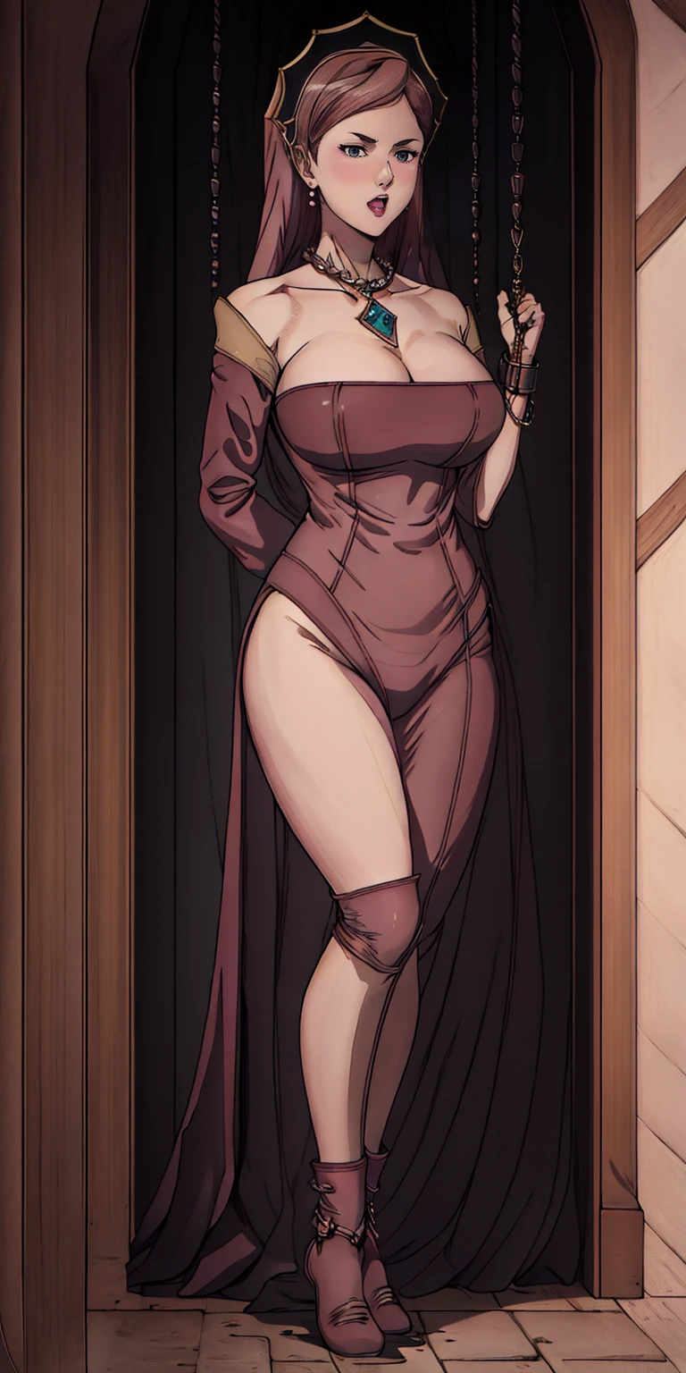 (Masterpiece), full body of a cleric female, big breast, detailed face, , full portrait, standing straight, shackles on arms and legs, black chocker on neck, SFW, blindfolded