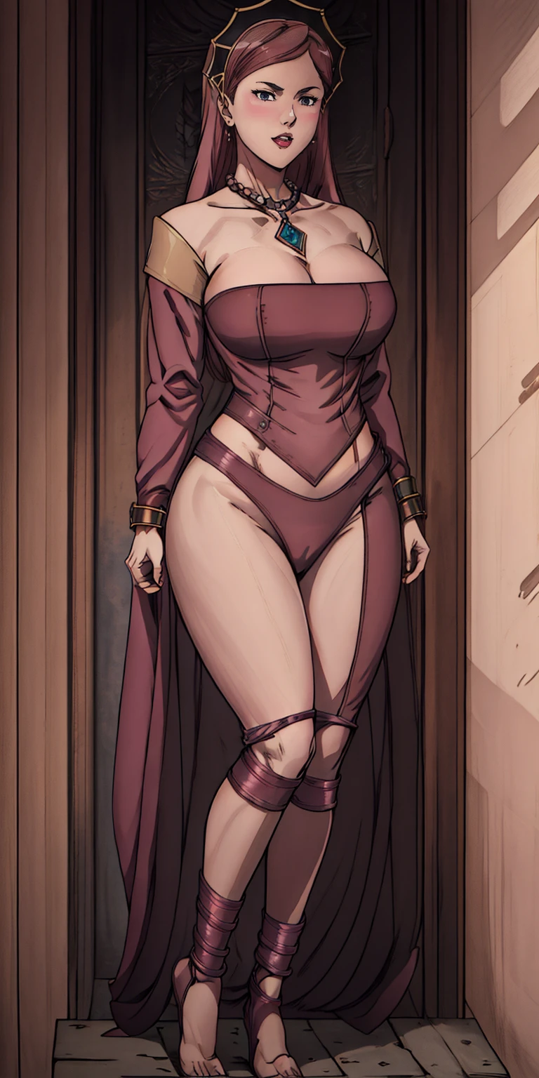 (Masterpiece), full body of a cleric female, big breast, detailed face, , full portrait, standing straight, shackles on arms and legs, black chocker on neck, SFW, blindfolded