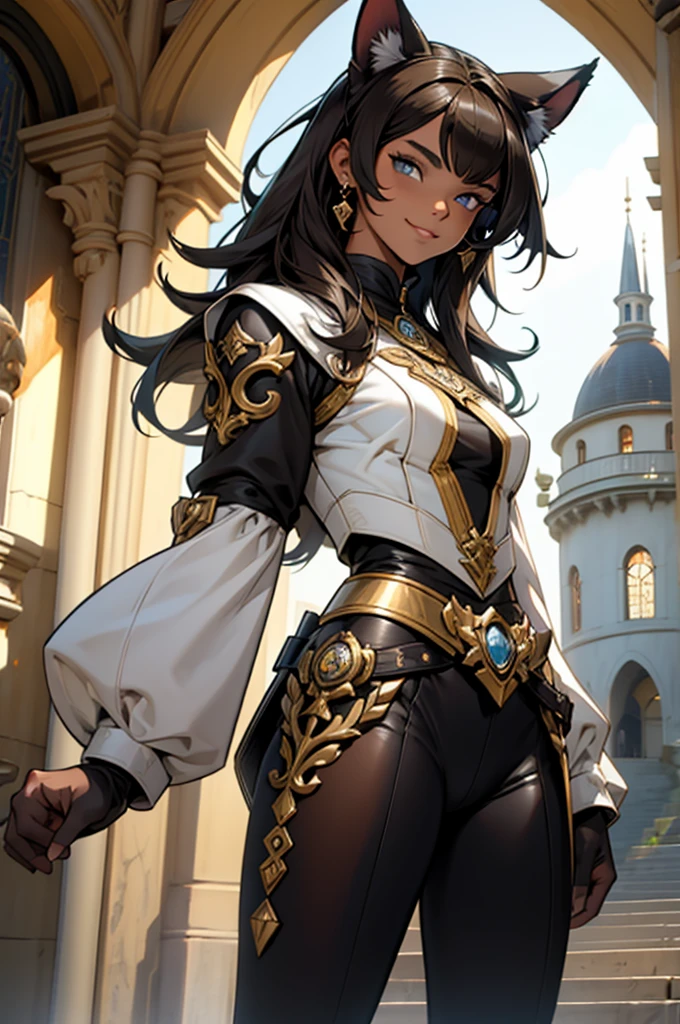beautiful young female warrior fighter with cat ears on her head, com rosto bem detalhado e bonito, belos olhos, belos olhos, rosto lindo, beautiful young woman wearing long brown leggings with black details, sueter apertado branco, standing in a castle, usando bota preta, cabelo comprido com franja preto, ,orelhas de gato, belo sorriso, tomboy, um pouco musculosa,suter branco com cinta em volta, olhar serio,usando brazer apertado preto, com ombreiras de prata nos ombros