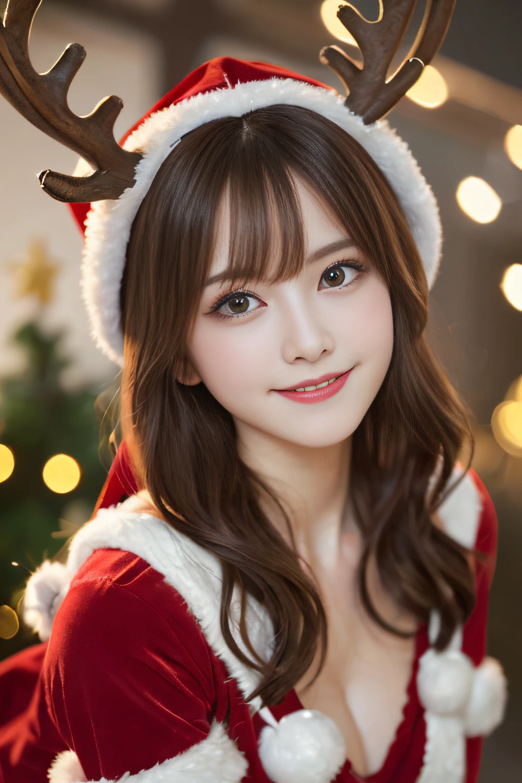 masutepiece, Best Quality, Illustration, Ultra-detailed, finely detail, hight resolution, 8K Wallpaper, Perfect dynamic composition, Beautiful detailed eyes, doress,Medium Hair, mid-chest, Natural Color Lip, Random and sexy poses,Smile,Christmas,20 years girl,Cute,Reindeer Cosplay,heel,full body Esbian