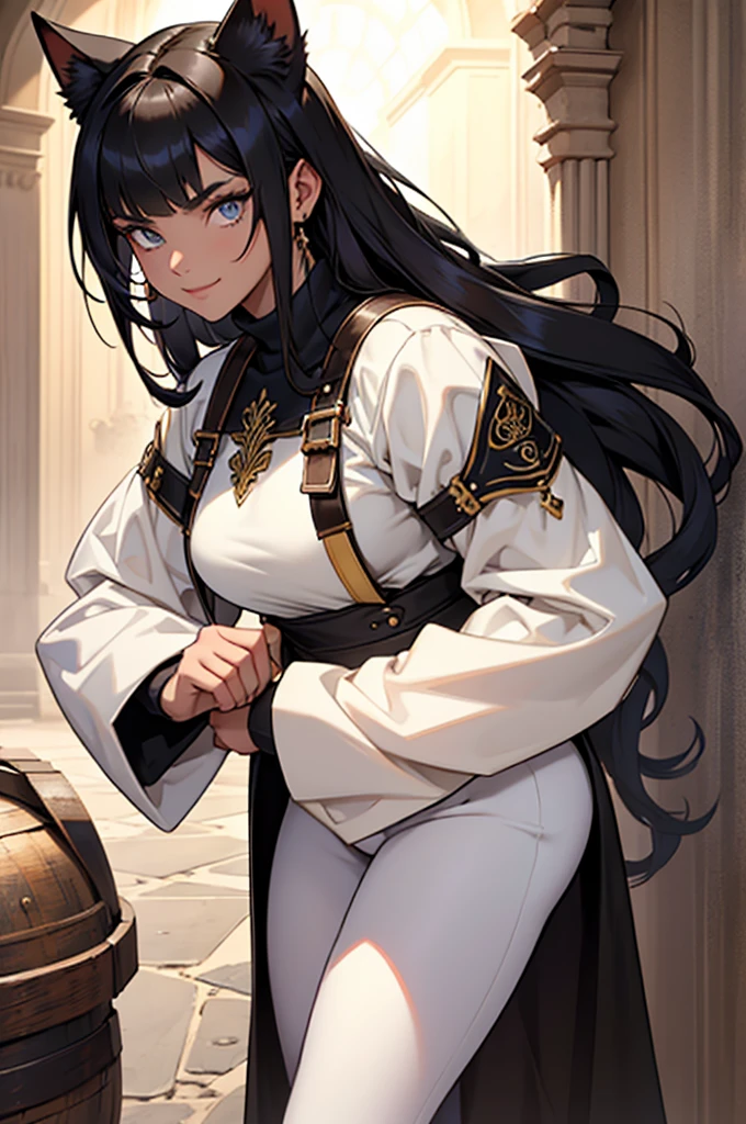 a girl with black hair and pearly eyes in the clothes of a merchant with a rather large chest