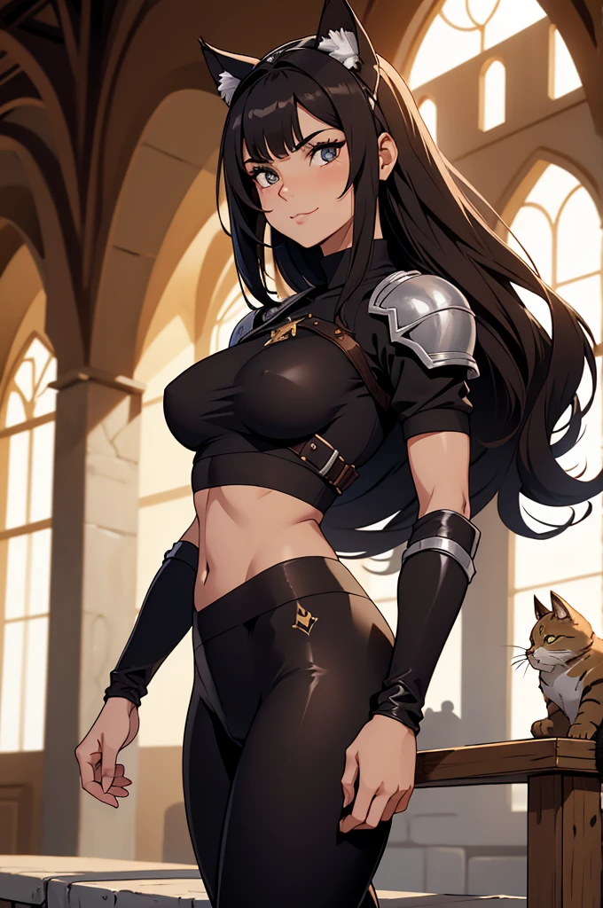 beautiful young female warrior fighter with cat ears on her head, com rosto bem detalhado e bonito, belos olhos, belos olhos, rosto lindo, beautiful young woman wearing long brown leggings with black details, sueter apertado branco, standing in a castle, usando bota preta, cabelo comprido com franja preto, ,orelhas de gato, belo sorriso, tomboy, um pouco musculosa,suter branco com cinta em volta, olhar serio,usando brazer apertado preto, com ombreiras de prata nos ombros