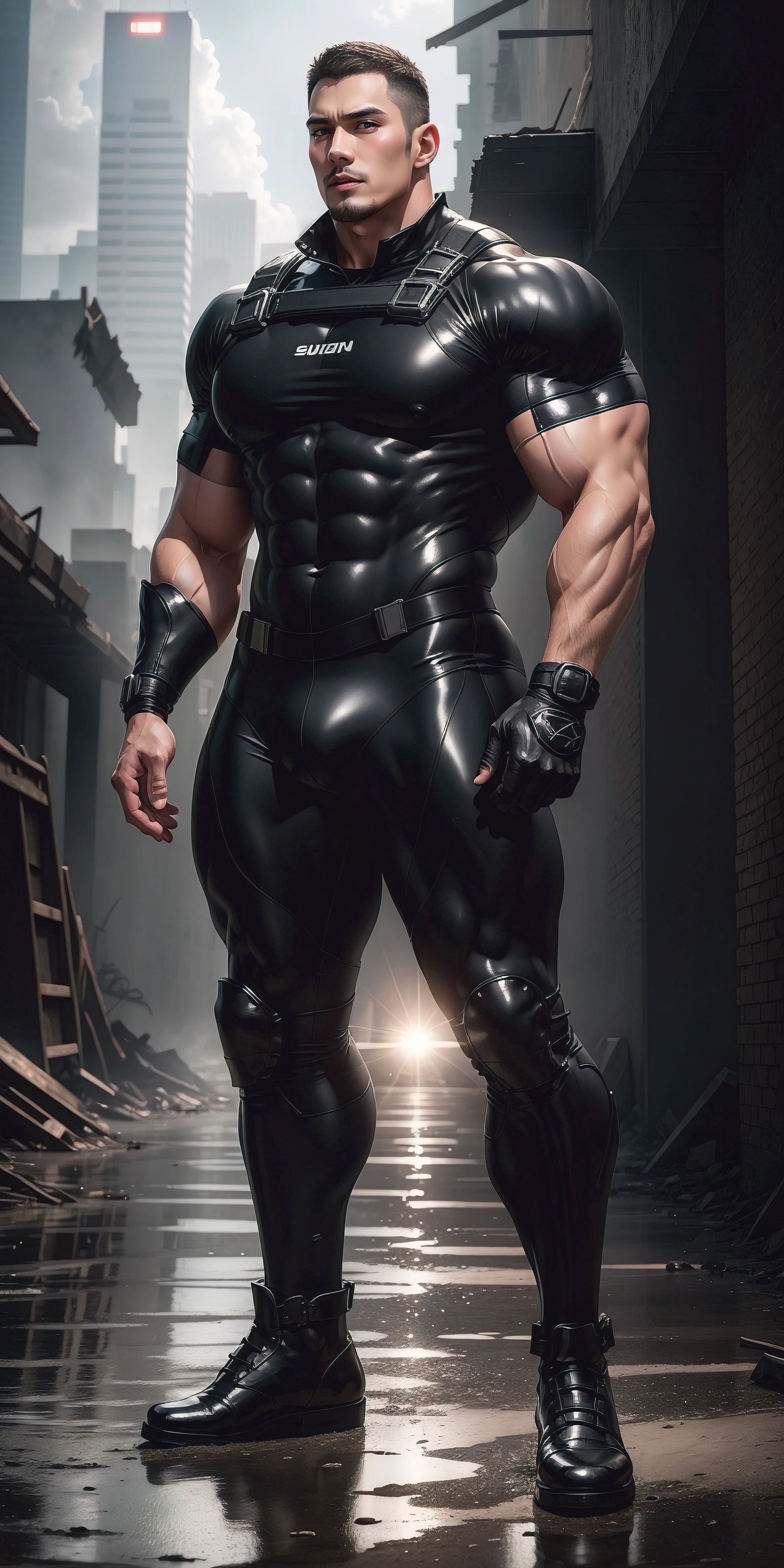 a hoge, The two-meter-tall muscular man opened his mouth and shouted.,He opened his mouth wide,character design(Resident Evil - Chris Redfield,Chris Redfield)Wearing a shiny dark gray wetsuit,The whole body is wrapped,High-end leather texture,Regular symmetrical texture pattern,Standing alone in the ruins of the city in the open air, Bright sunlight shines on the body,,expression sad,A hero with deep and charming pupils,heroic masculine pose,Tall and burly,Muscular!Sexy and attractive leg muscles,tall, Burly, and strong, Wearing a shiny dark gray wetsuit, Super gain and cool, commission for high resolution, Big feet in dark gray boots,Charming strong man,Bright sunlight shines on the body,Reflective and shiny