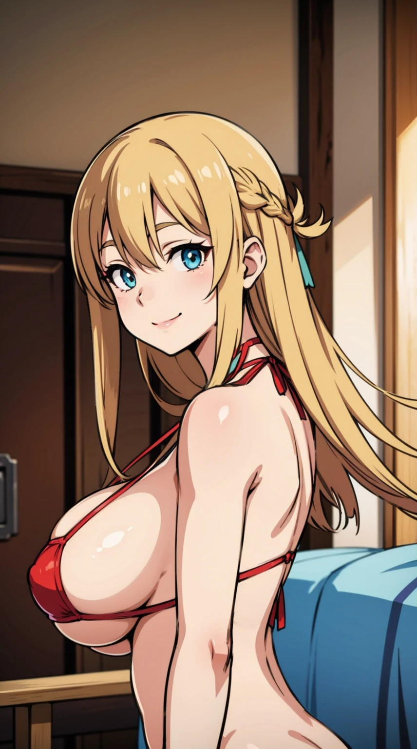 Asuna, Asuna_(As estrelas), 1个Giant Breast Girl, fanciful, A high resolution, lookingat_leaving, lookingat_to the_ova_side, Original, actual, scenecy, large bust, Microbikini, Smiling, actionpose,Show on the_Beds,